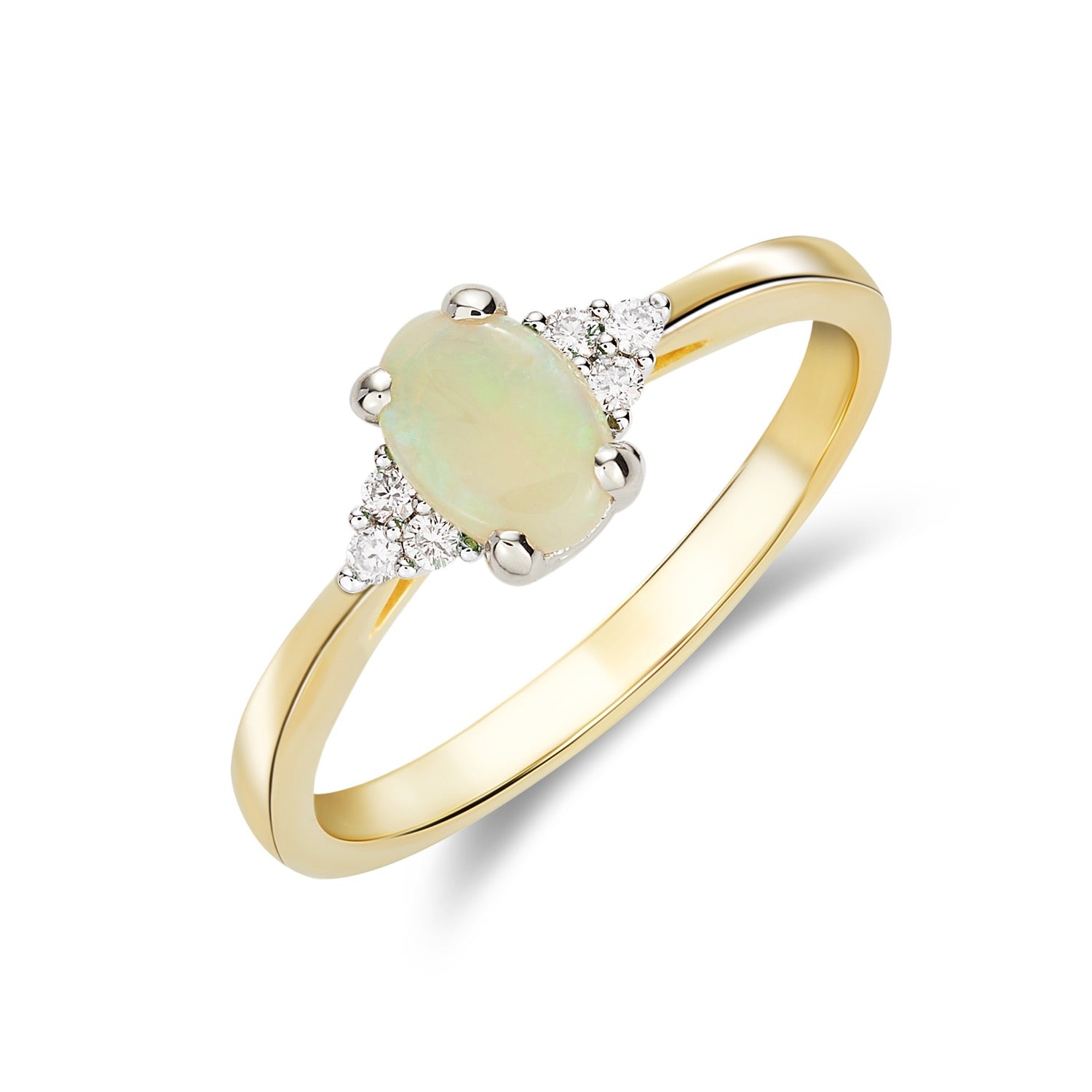 9CT YWG 7X5 OVAL OPAL & DIAMOND TREFOIL SHOULDERS RING 1