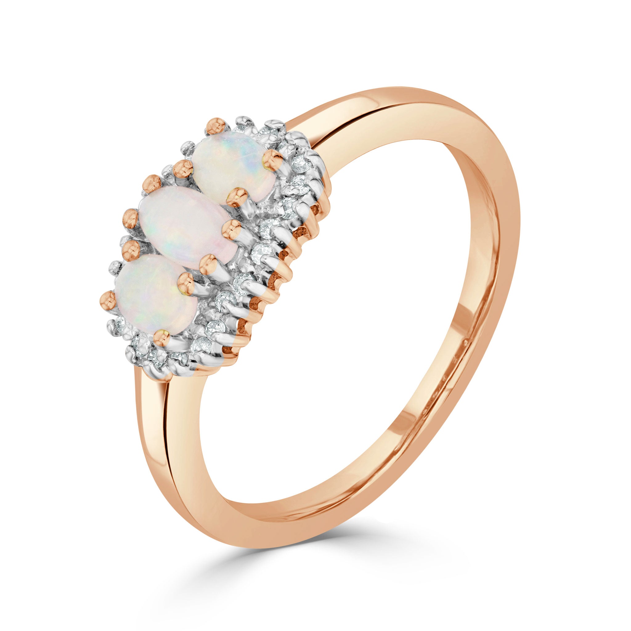 9CT RG OVAL OPAL AND DIAMOND TRIPLE CLUSTER RING. RHODIUM TO DIAMONDS 1