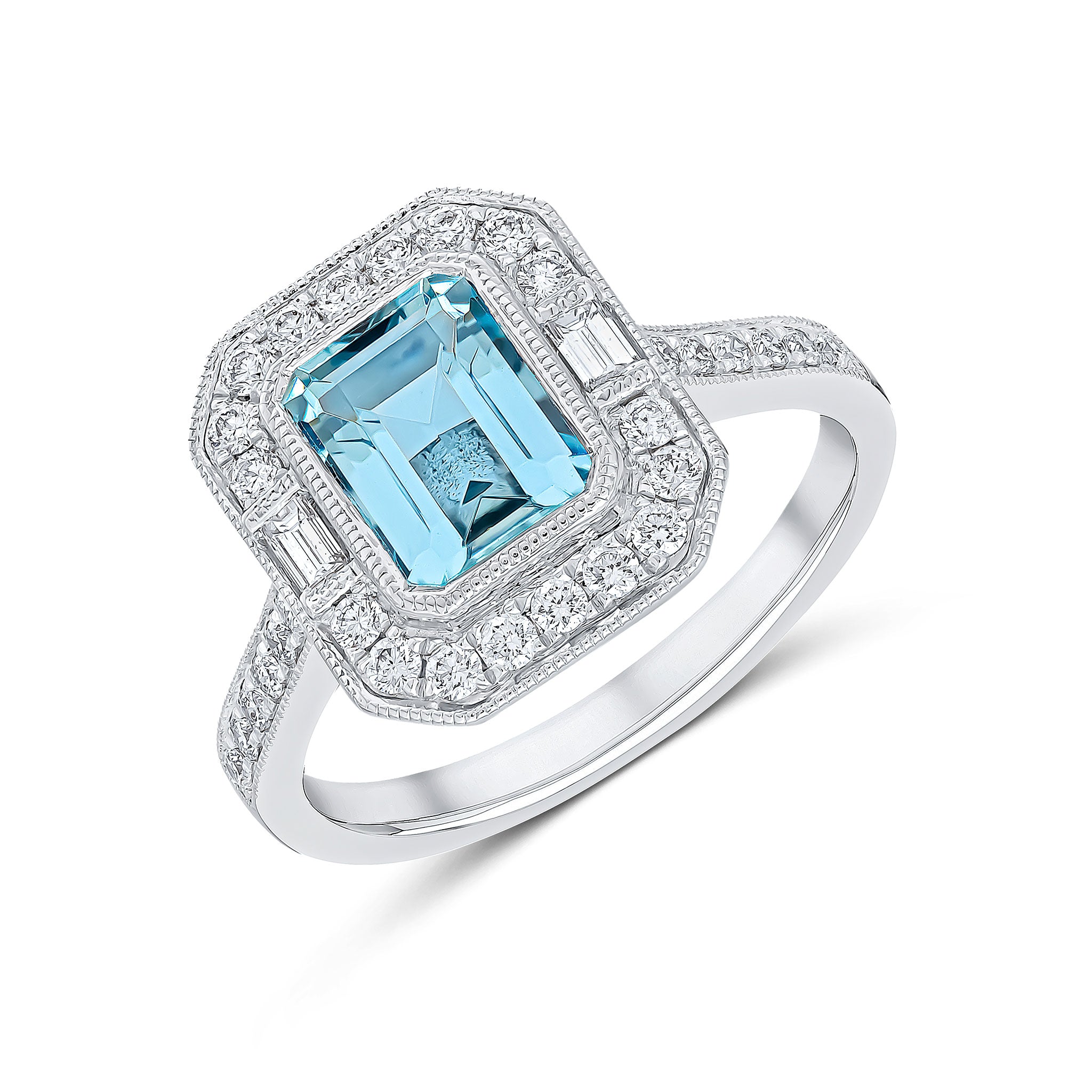 18ct White Gold Octagon Aquamarine and Round and Baguette Diamond Milgrain Cluster Ring with Diamond Set Shoulders