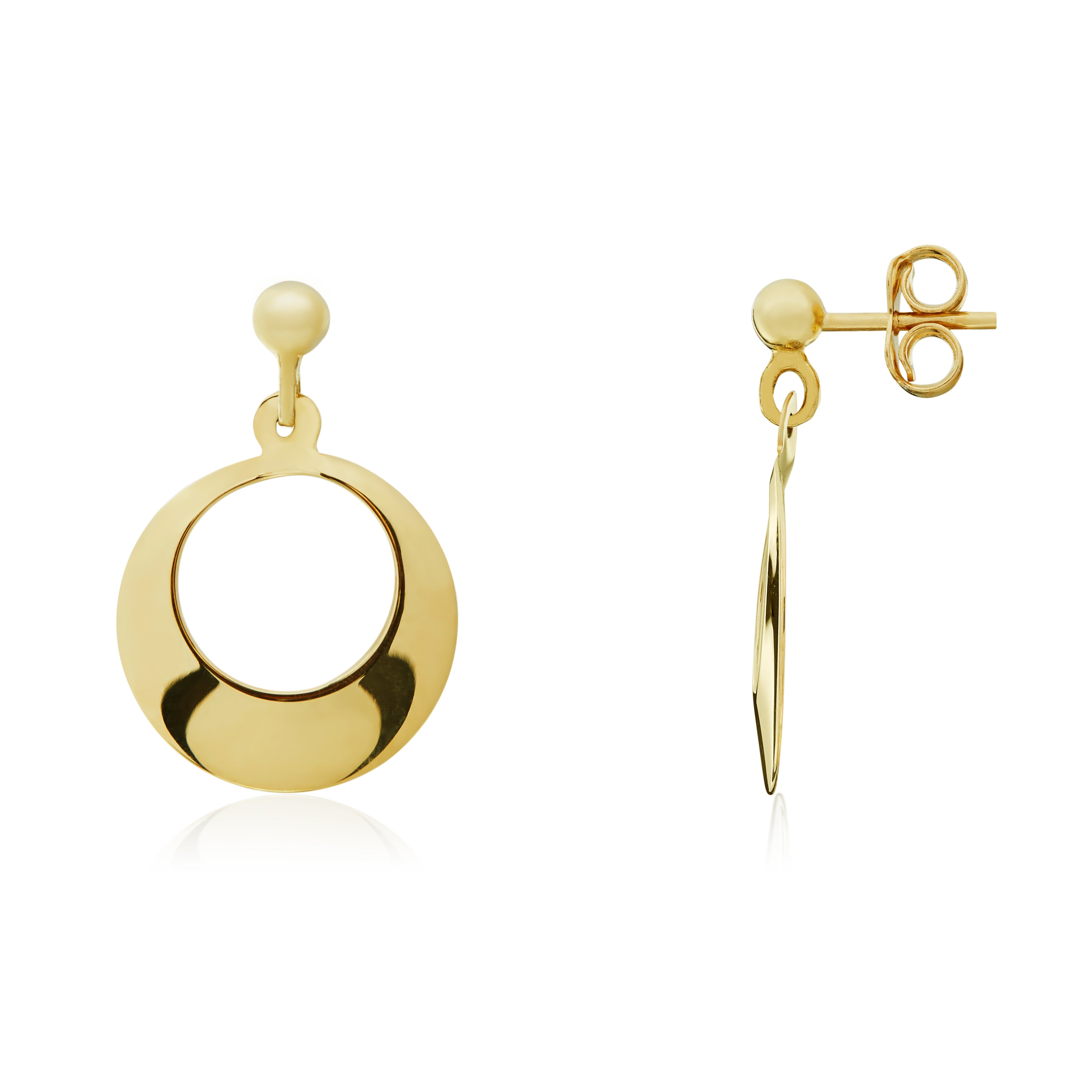 9ct yellow gold Polished Flat Open Circle Drop Earrings. Ball Stud Top