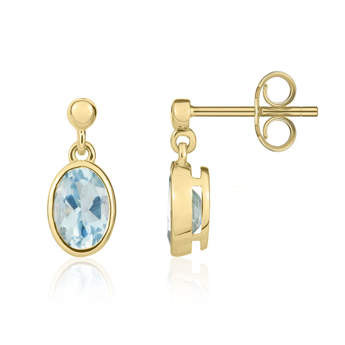 9ct Yellow Gold 7x5mm Oval Aquamarine Rubover Drop Earrings with Bead Top