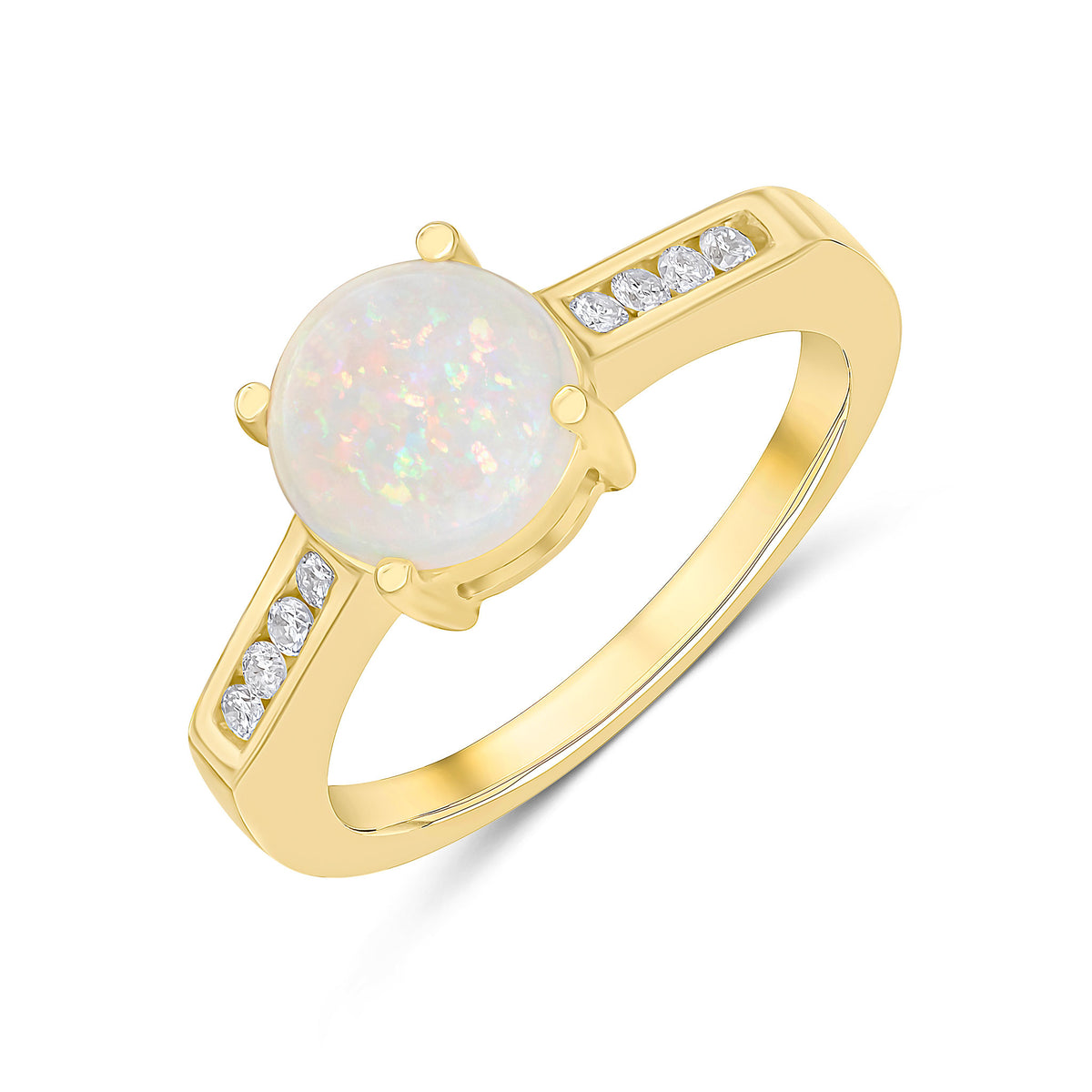 9ct Yellow Gold Claw Set 8mm Round Opal Single Stone Ring with Channel Set Diamond Shoulders