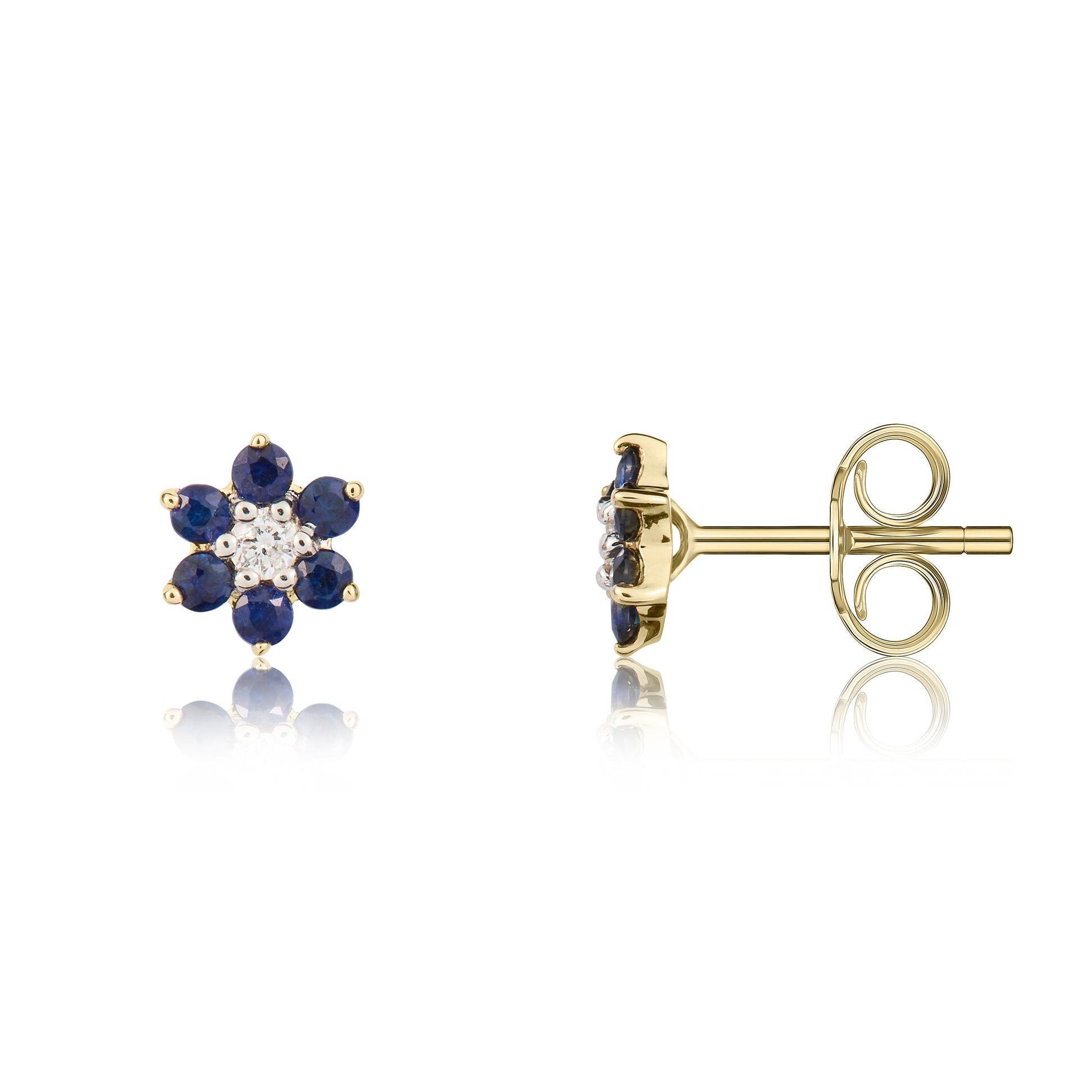 9ct Yellow Gold Round Sapphire and Diamond Claw Set Reverse Cluster Earrings