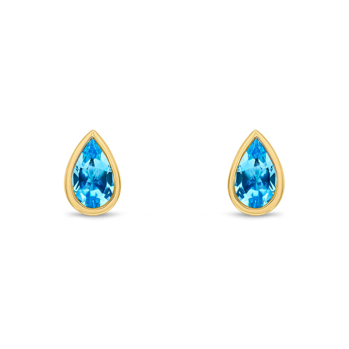 9ct Yellow Gold 5x3 Pear Shape Swiss Blue Topaz Rubover Set Earrings