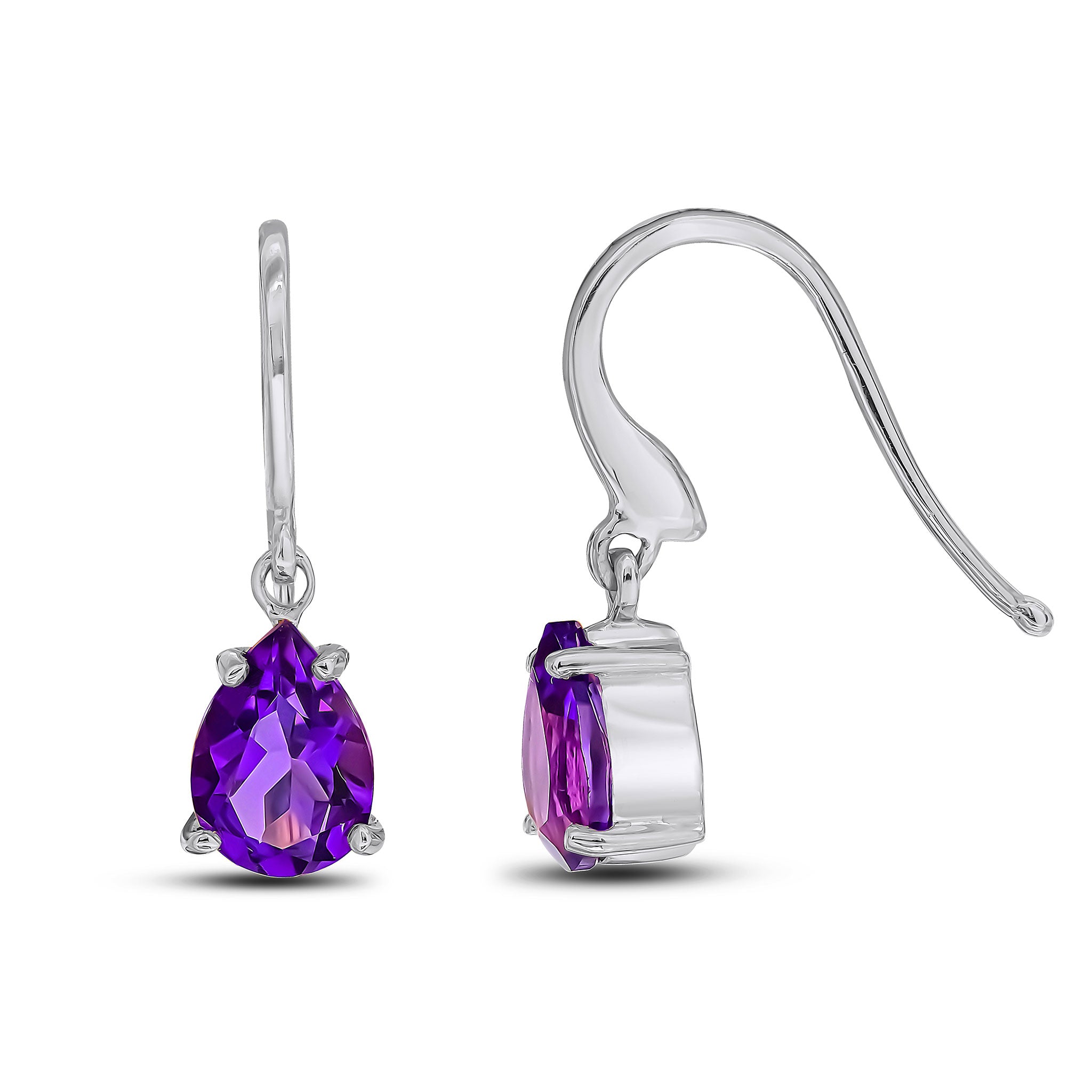 9ct White Gold 7x5mm Pear Shape Amethyst Claw Set Wire Hook Drop Earrings