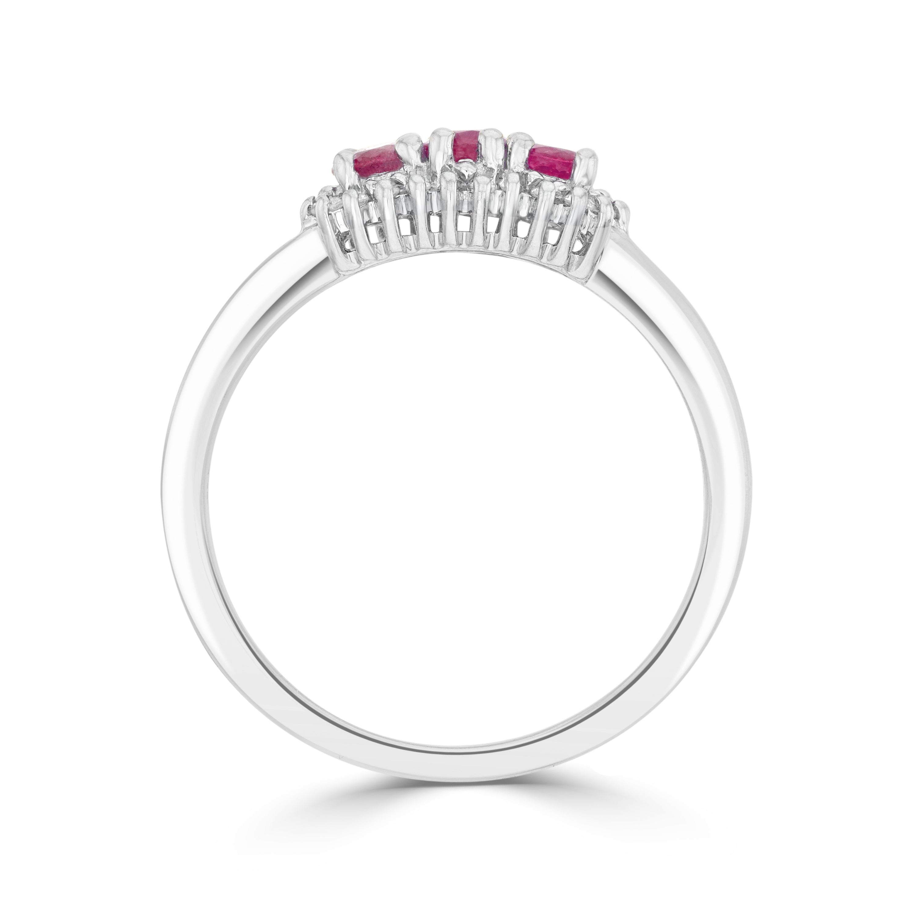 9CT WG OVAL RUBY & DIAMOND CLAW SET TRIPLE CLUSTER RING 1