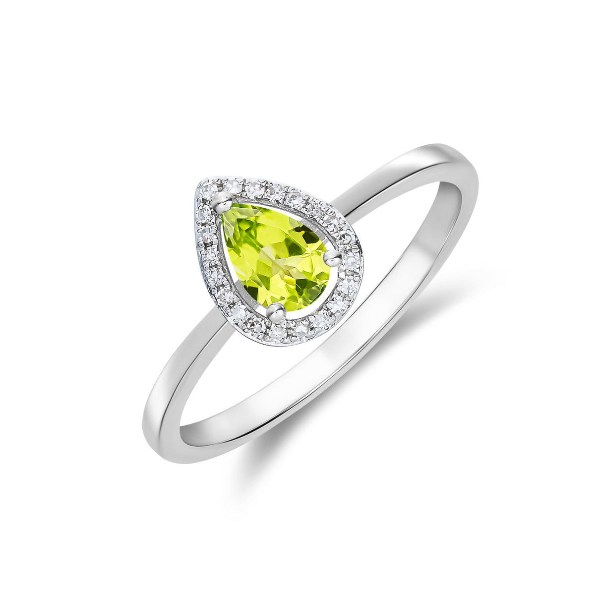 9ct White Gold 6x4 Pear Shape Peridot & Diamond Halo Claw Cluster Ring