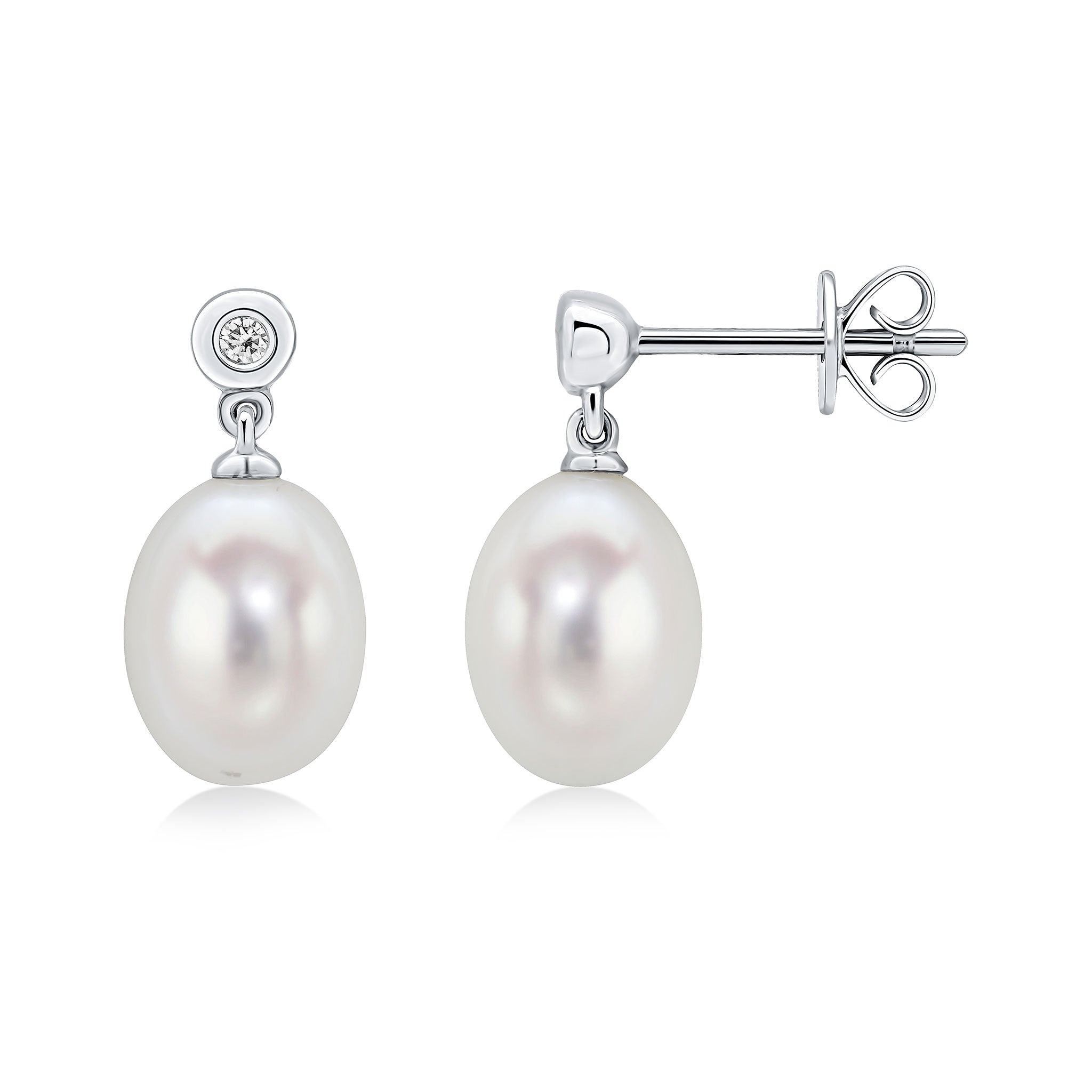 18wg Freshwater Pearl & Diamond 2 Stone Drop Earrings