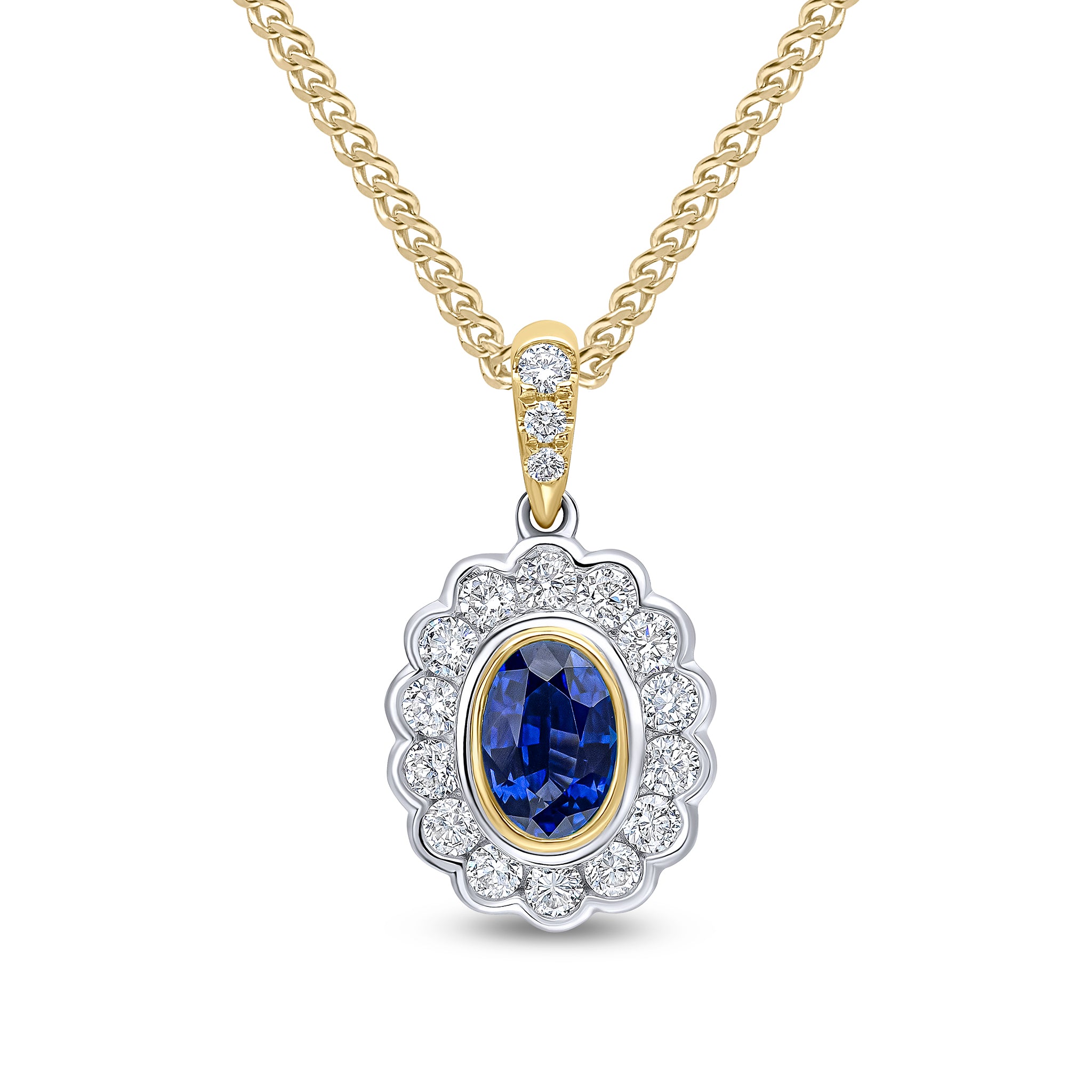 18ct Ywg Oval Sapphire and Round Diamond Rubover Cluster Pendant Claw Set Diamond Loop