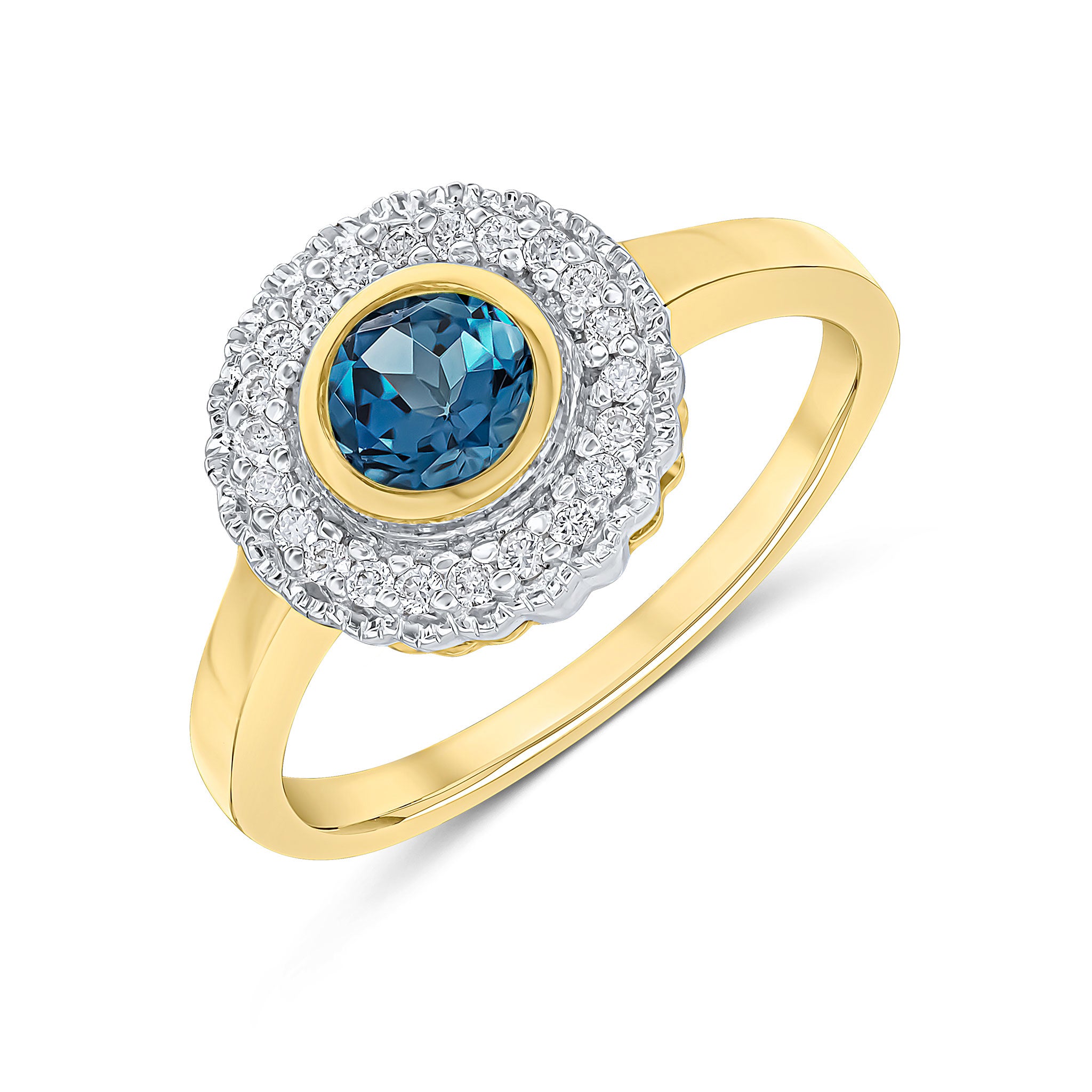 9ct Yellow Gold Round Rubover London Blue Topaz and Milgrain Round Diamond Cluster Ring Rhodium to Diamonds