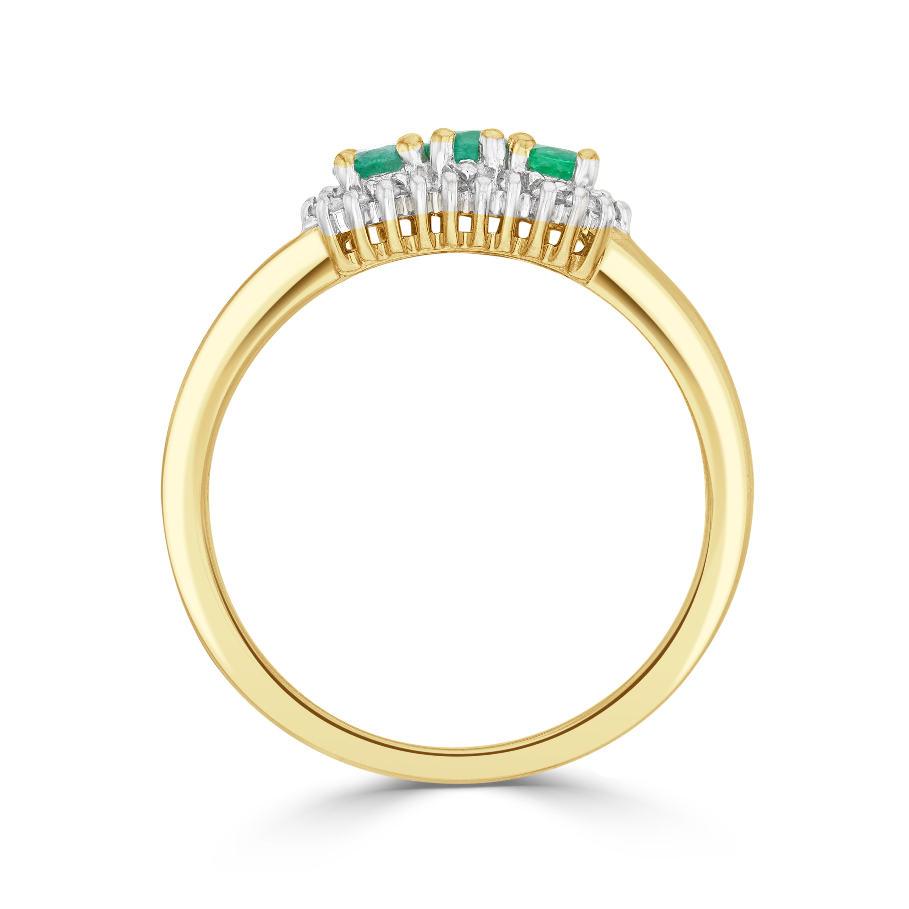 9CT YG OVAL EMERALD AND DIAMOND TRIPLE CLUSTER RING. RHODIUM TO DIAMONDS 1