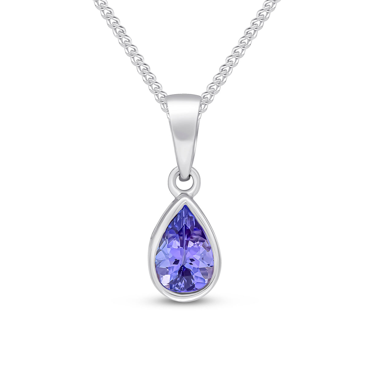 9ct White Gold 7x5 Pear Shape Tanzanite Rubover Pendant