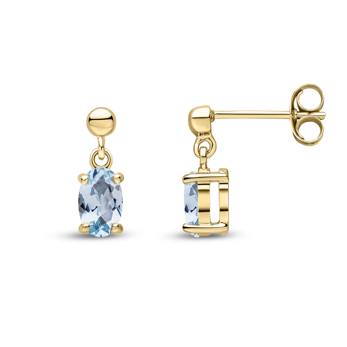 9ct Yellow Gold 6x4 Oval Aquamarine Claw Set Drop Earrings with Bead Top