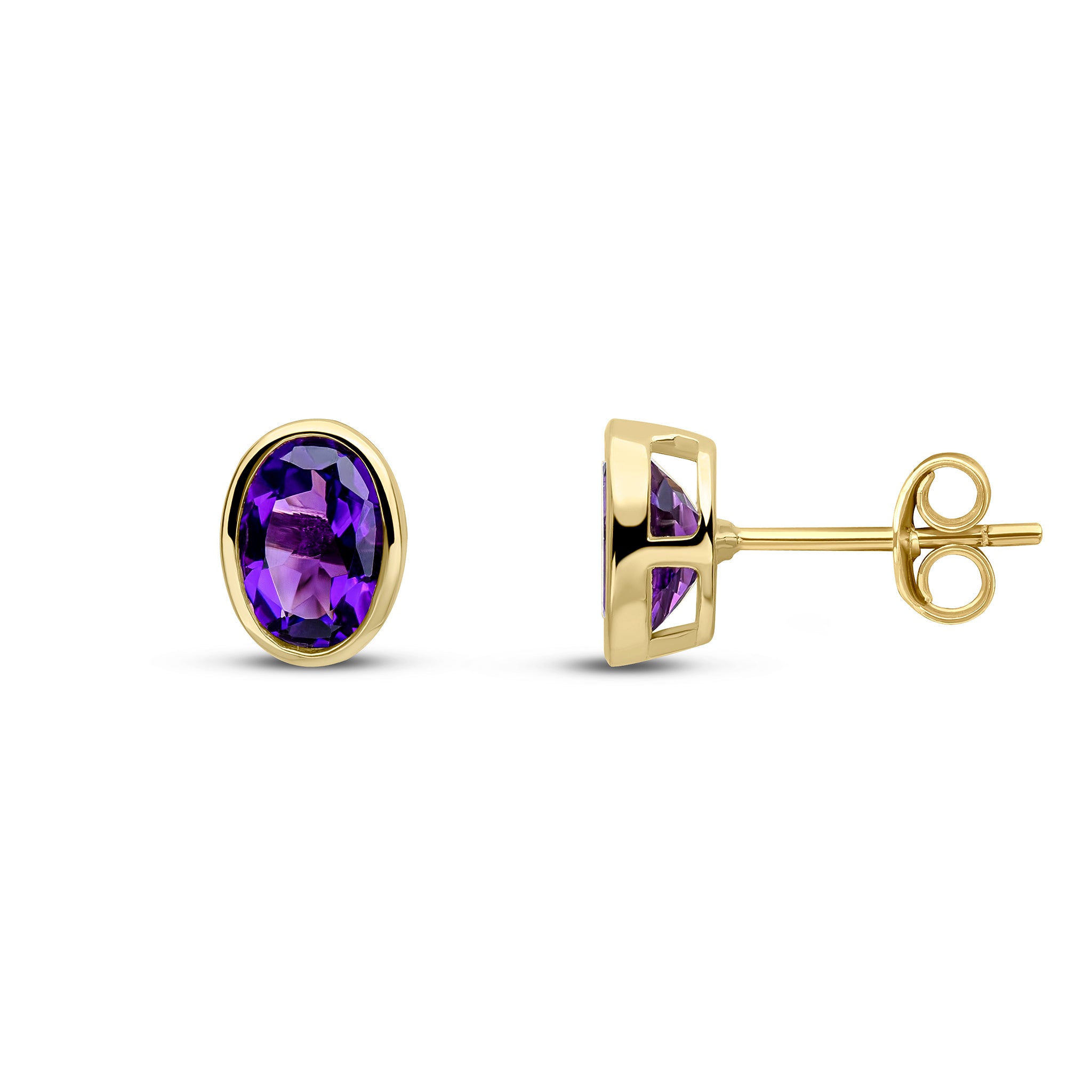 9ct Yellow Gold 7x5 Oval Amethyst Rubover Earrings