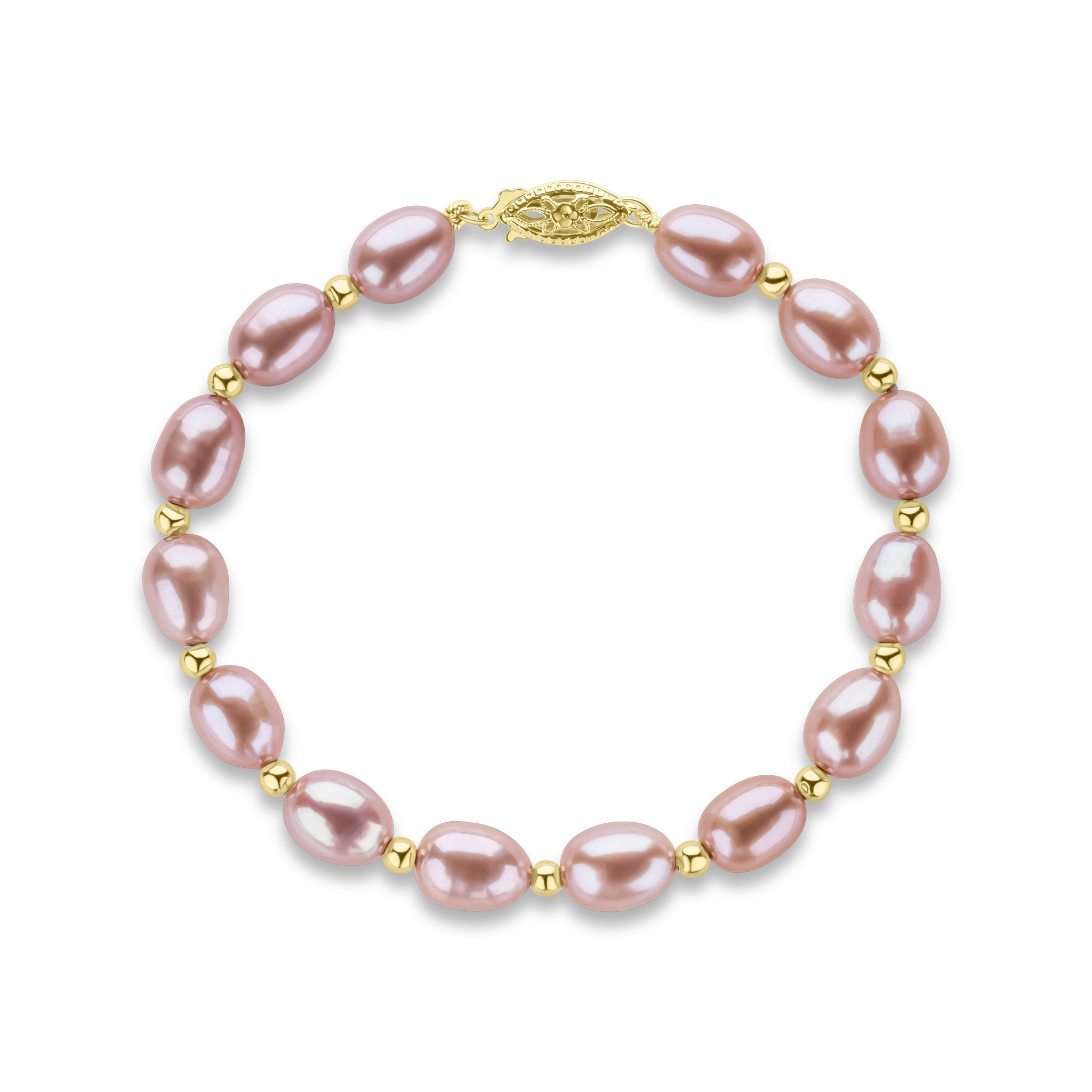Genuine 9ct Yellow Gold Pink Rice Pearl & Gold Bead Bracelet with Fancy Clasp 7.5"