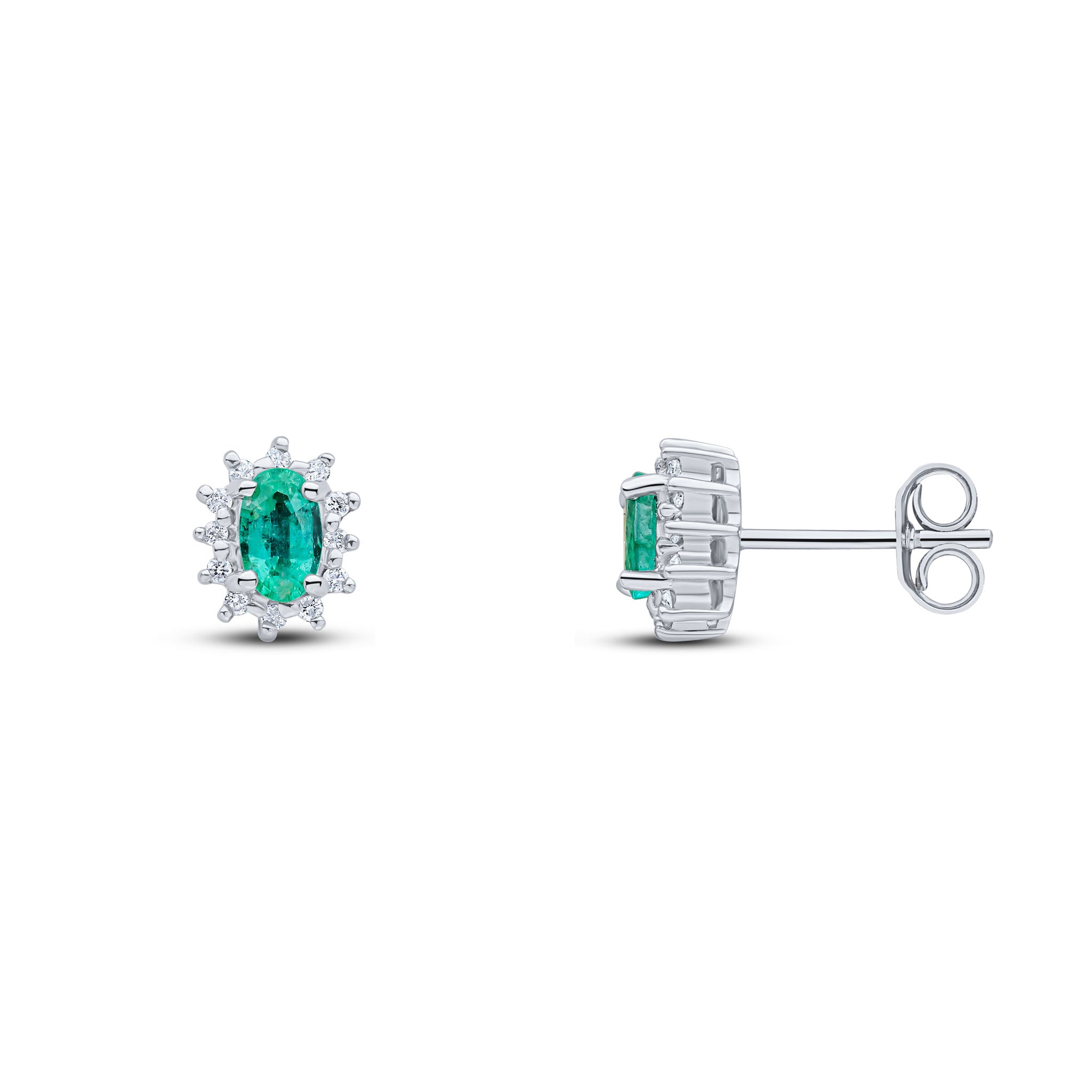 9ct White Gold 5x3 Oval Emerald & Diamond Claw Set Cluster Earrings