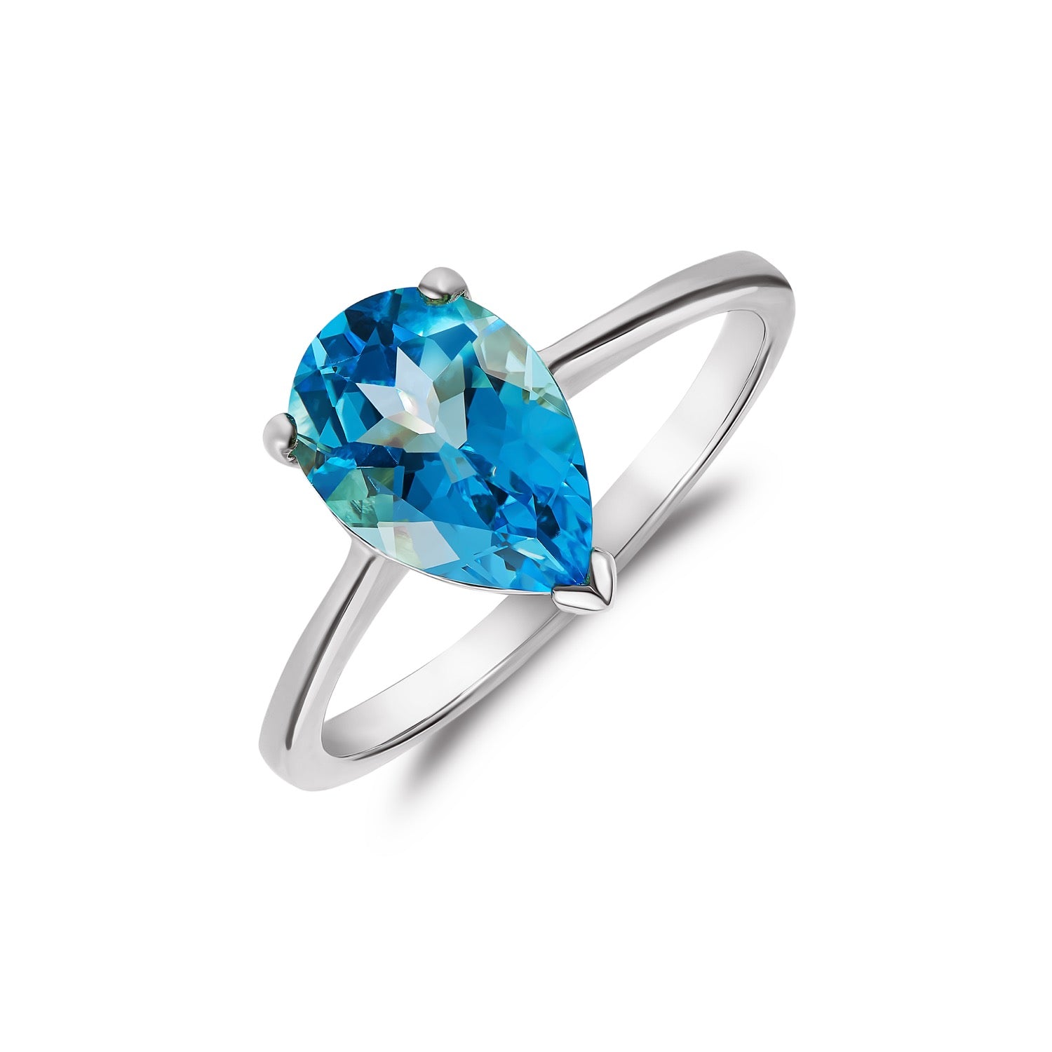 9ct White Gold 10x7mm Pear Shape Swiss Blue Topaz Claw Single Stone Ring