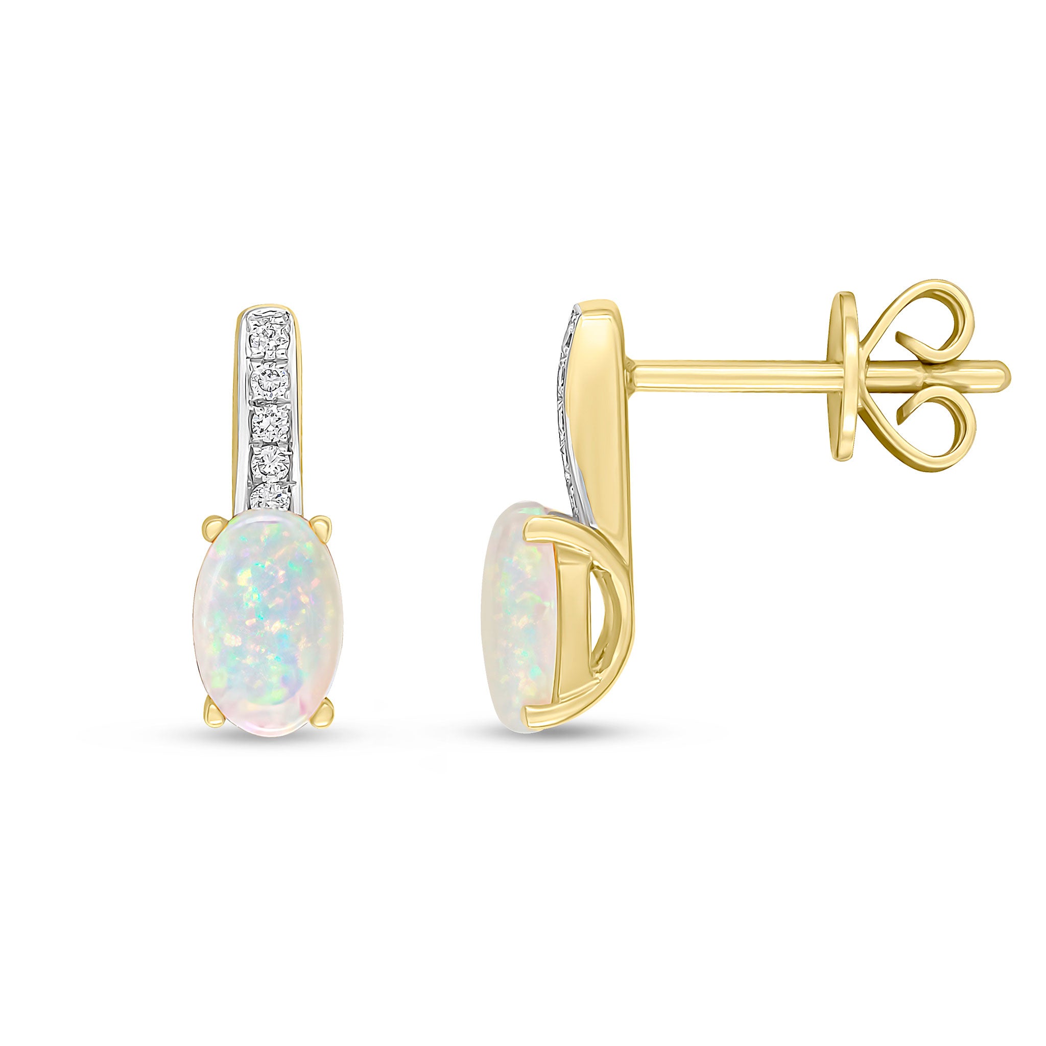 18ct Yellow Gold 6x4mm Oval Opal & Diamond Grain Set Bar Top Earrings Rhodium to Diamonds