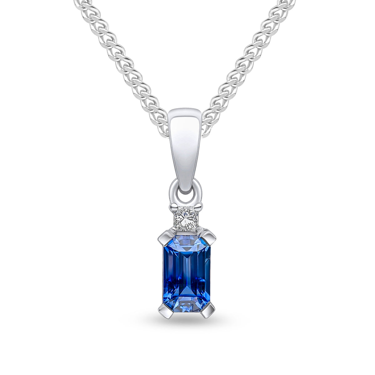 18ct White Gold 5x3 Octagon Sapphire and Princess Cut Diamond 2 Stone Pendant with Plain Loop Top