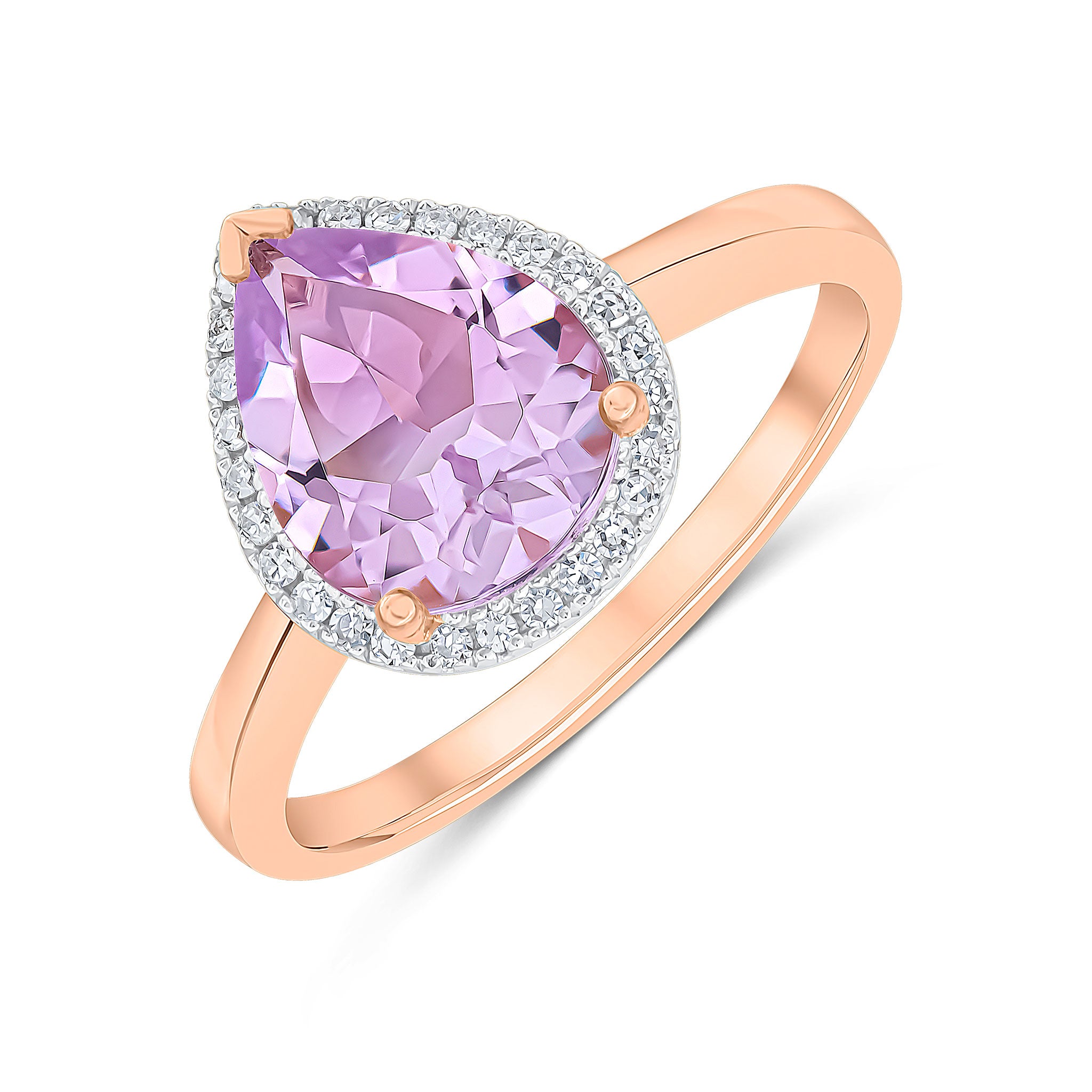 9ct Rose Gold 10x8 Pear Shape Pink Amethyst & Diamond Claw Set Cluster Ring Rhodium to Diamonds