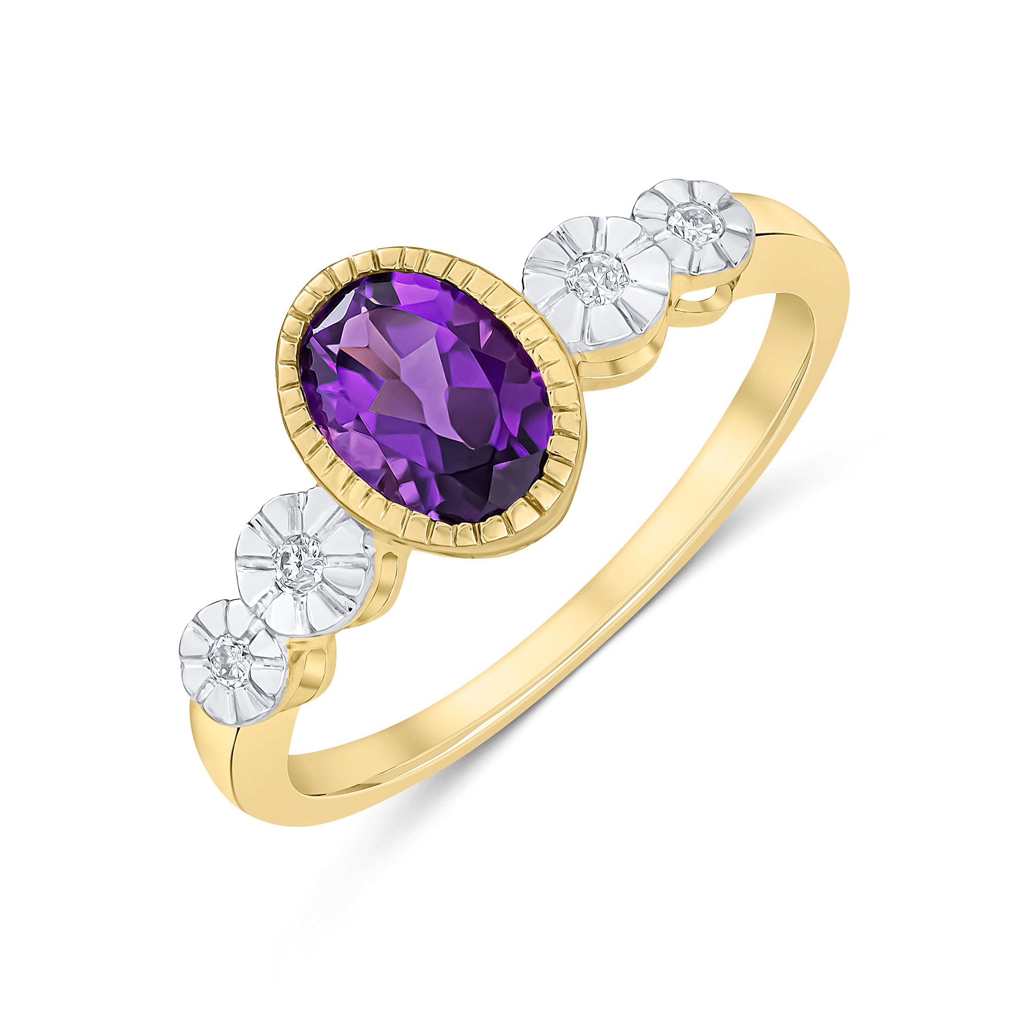 9ct Yellow Gold Milgrain Oval Amethyst and Illusion Diamond 4 Stone Shoulders Ring