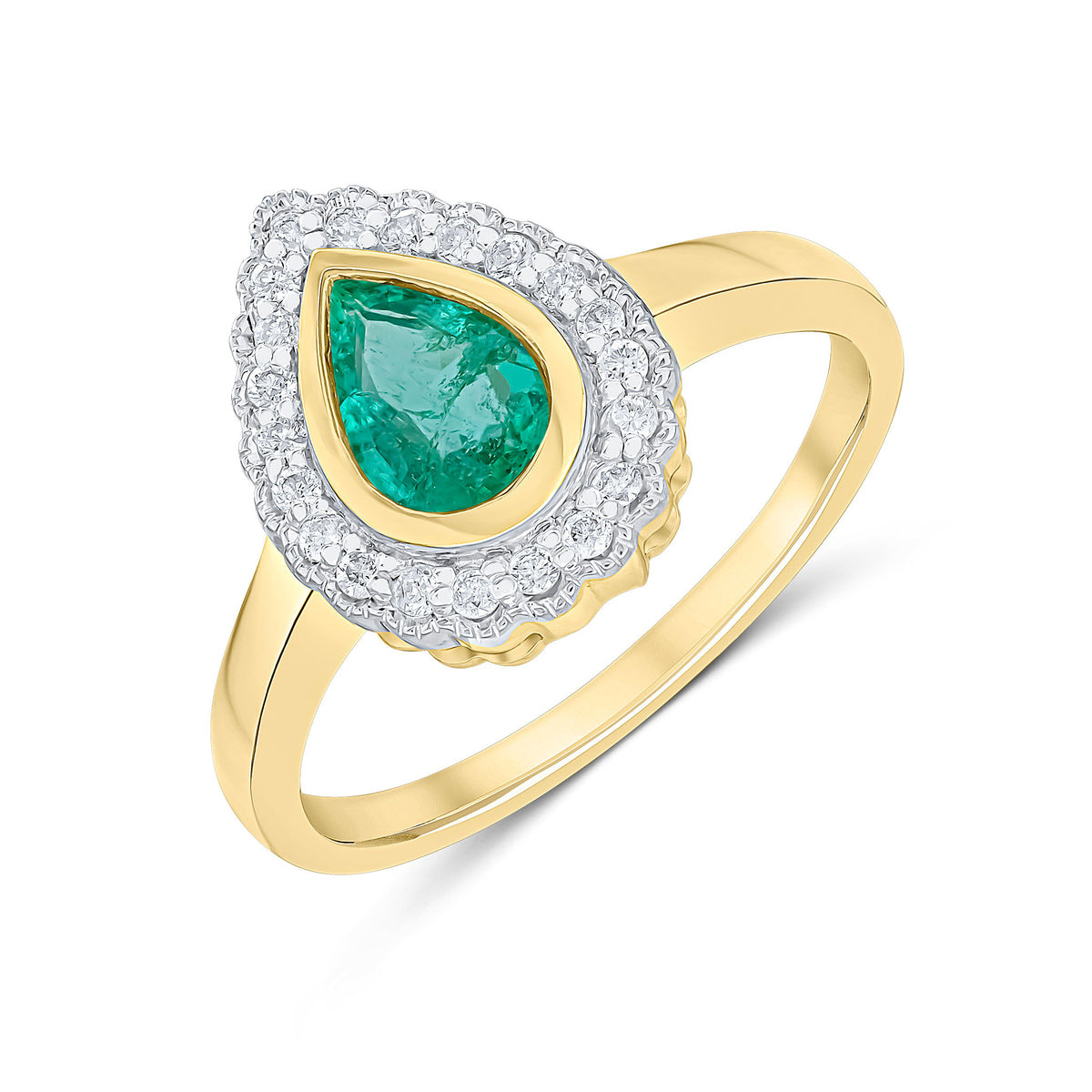 9ct Yellow Gold Pear Shape Rubover Emerald and Milgrain Round Diamond Cluster Ring Rhodium to Diamonds