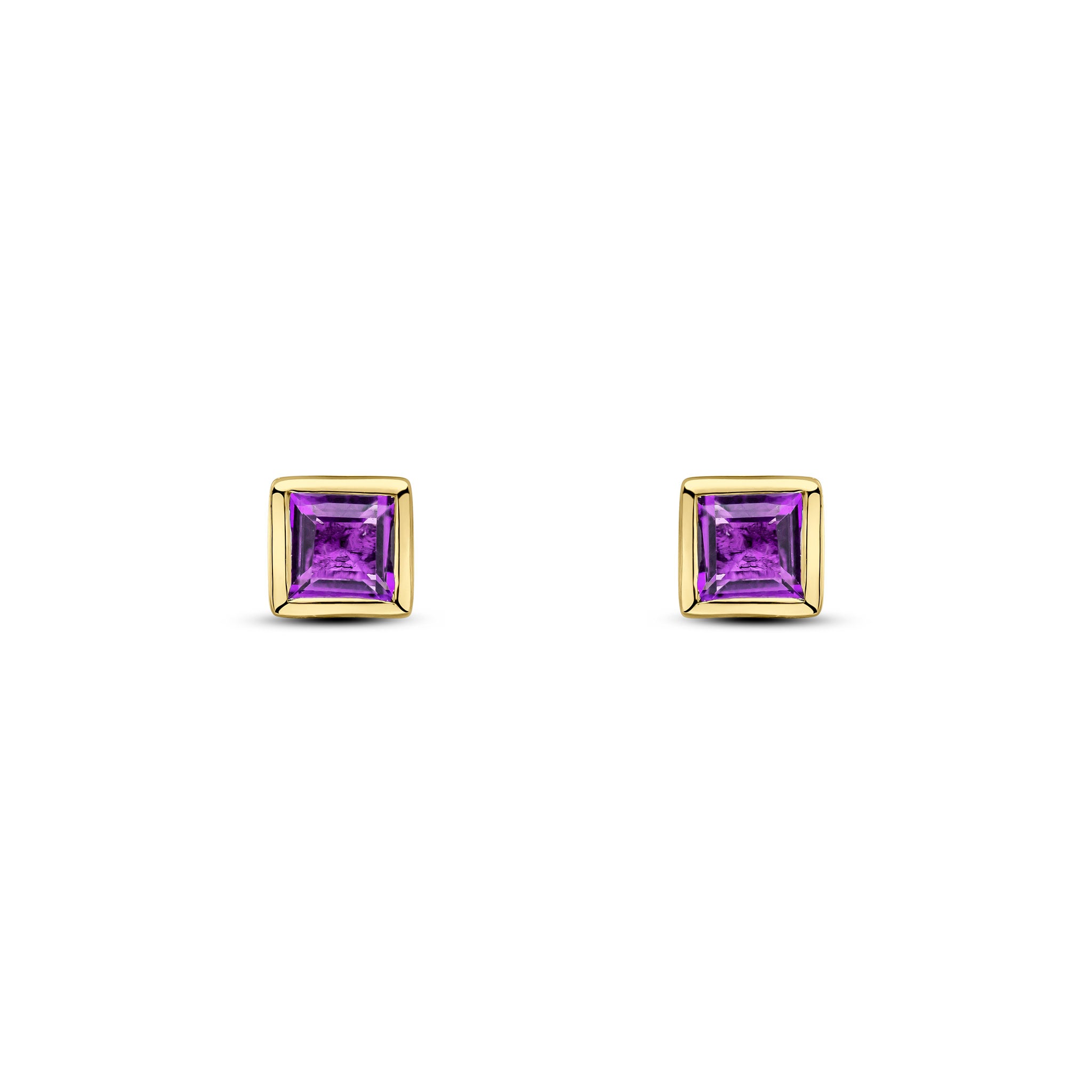 9ct Yellow Gold 3mm Square Amethyst Rubover Set Earrings
