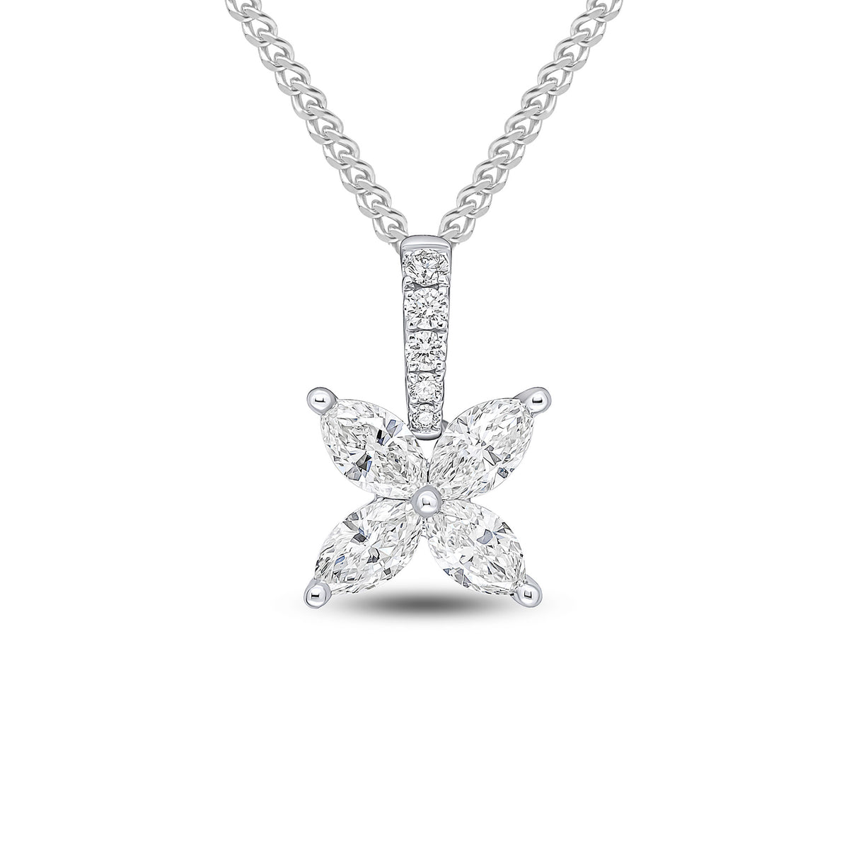 18ct White Gold Marquise Diamond 4 Stone Flower Claw Set Pendant with Round Diamond Loop