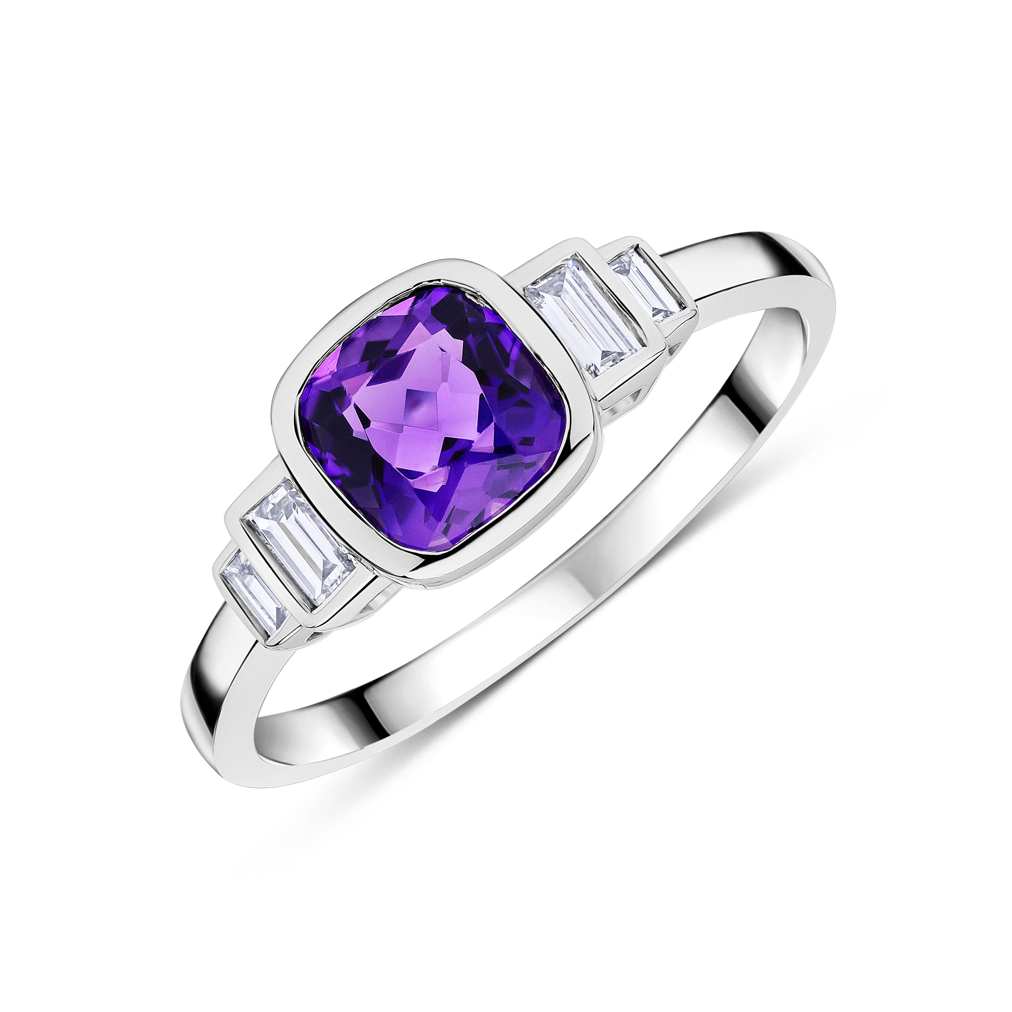 9ct White Gold 6mm Cushion Amethyst & Baguette Diamond 2 Stone Stepped Shoulders Ring