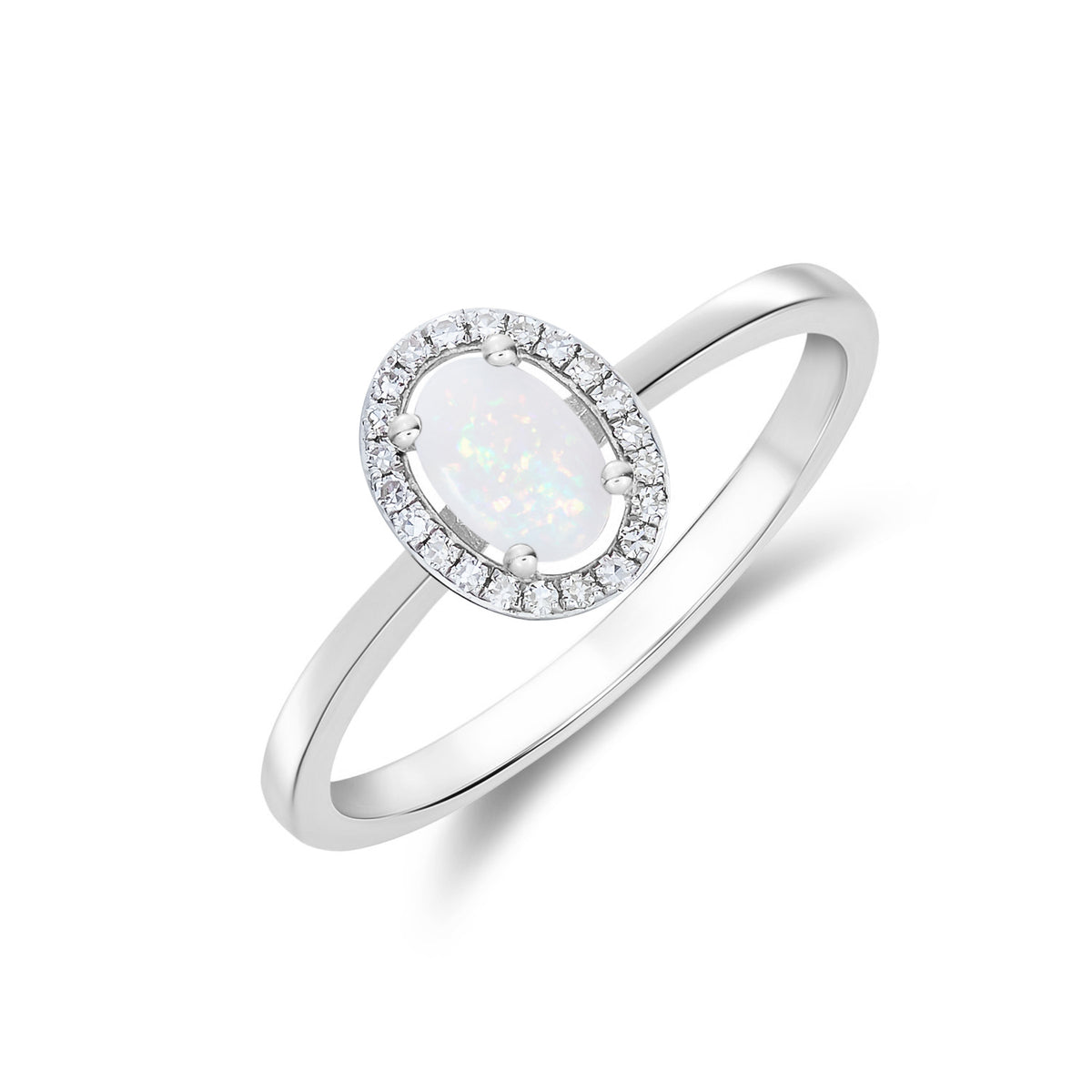 9ct White Gold 6x4 Oval Opal and Round Diamond Halo Cluster Ring