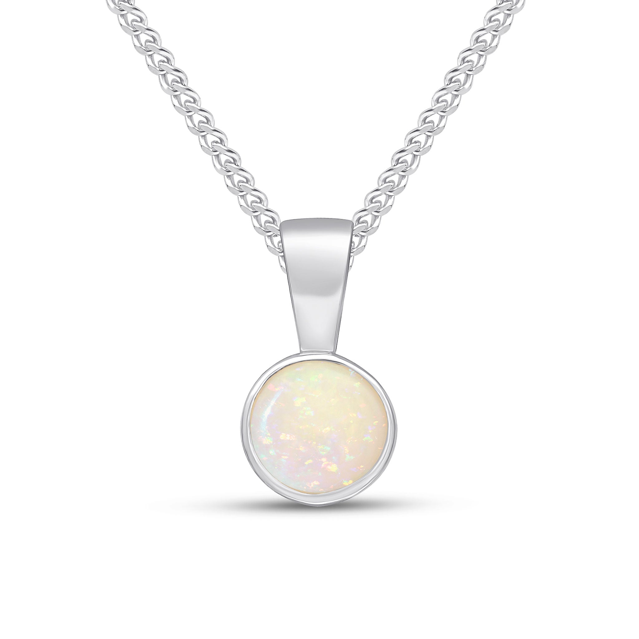 9ct white gold 5mm Round Opal rubover pendant