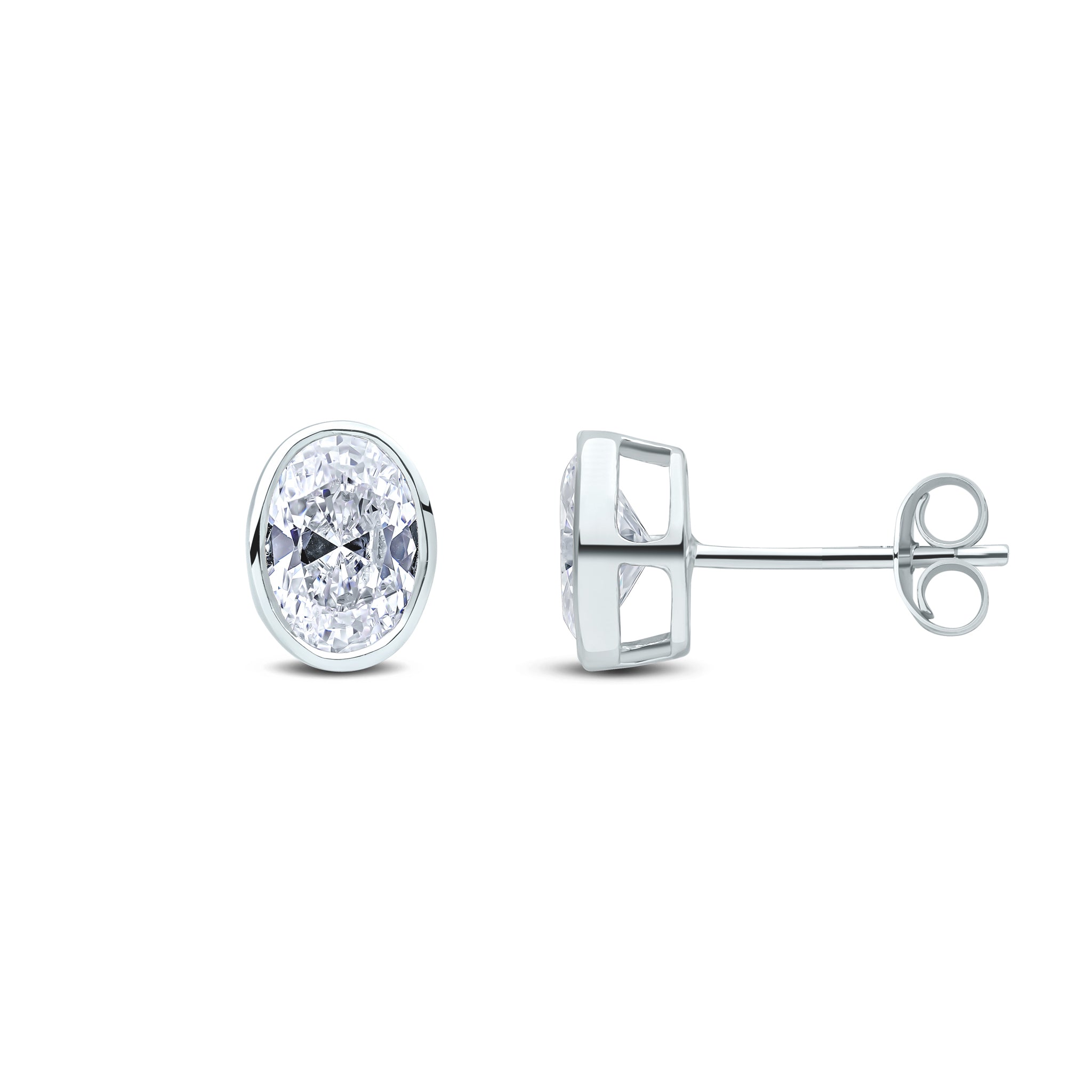 9ct White Gold 7x5 Oval CZ Rubover Earrings