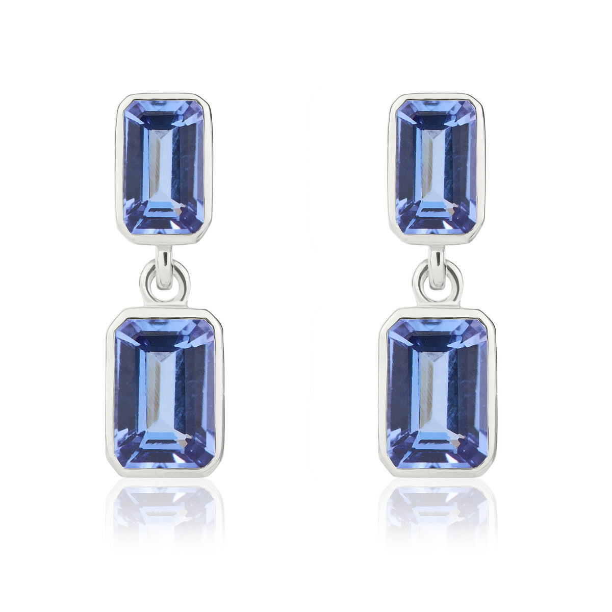 9ct White Gold Octagon Tanzanite 2 Stone Rubover Drop Earrings
