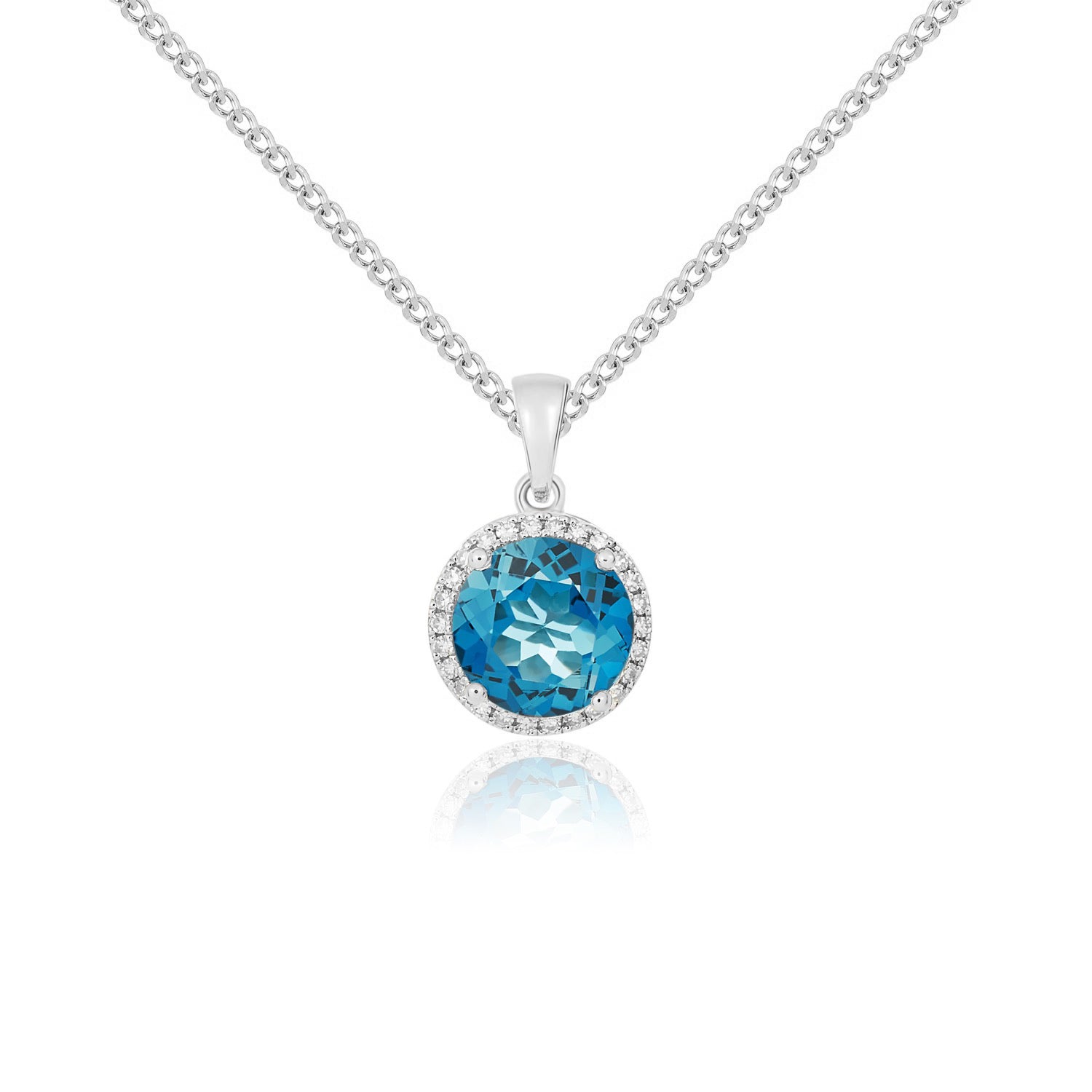 9ct White Gold 8mm Round London Blue Topaz and Diamond Claw Cluster Pendant