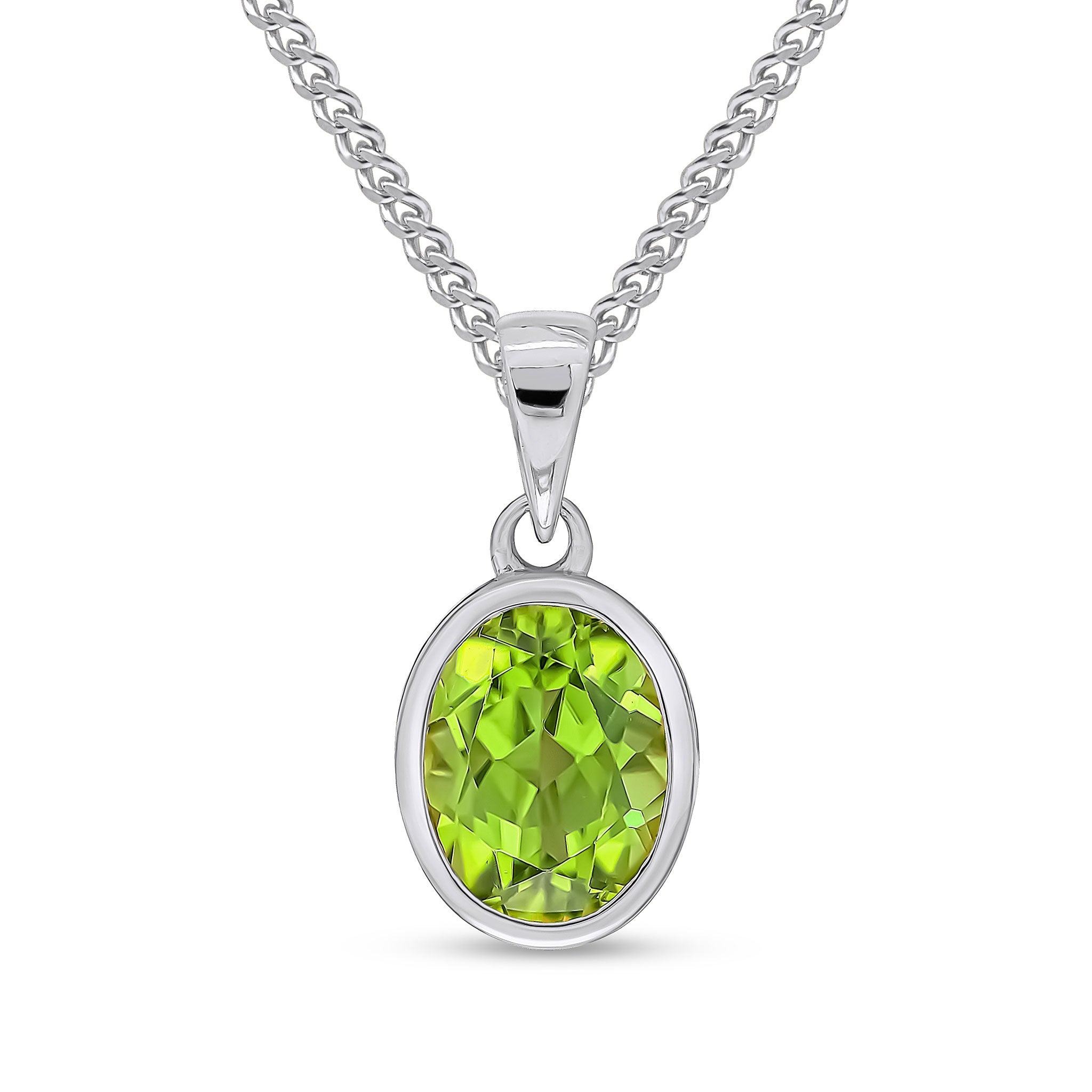 9ct White Gold 9x7mm Oval Peridot Single Stone Rubover Pendant with Plain Loop (Temporarily Discontinued)