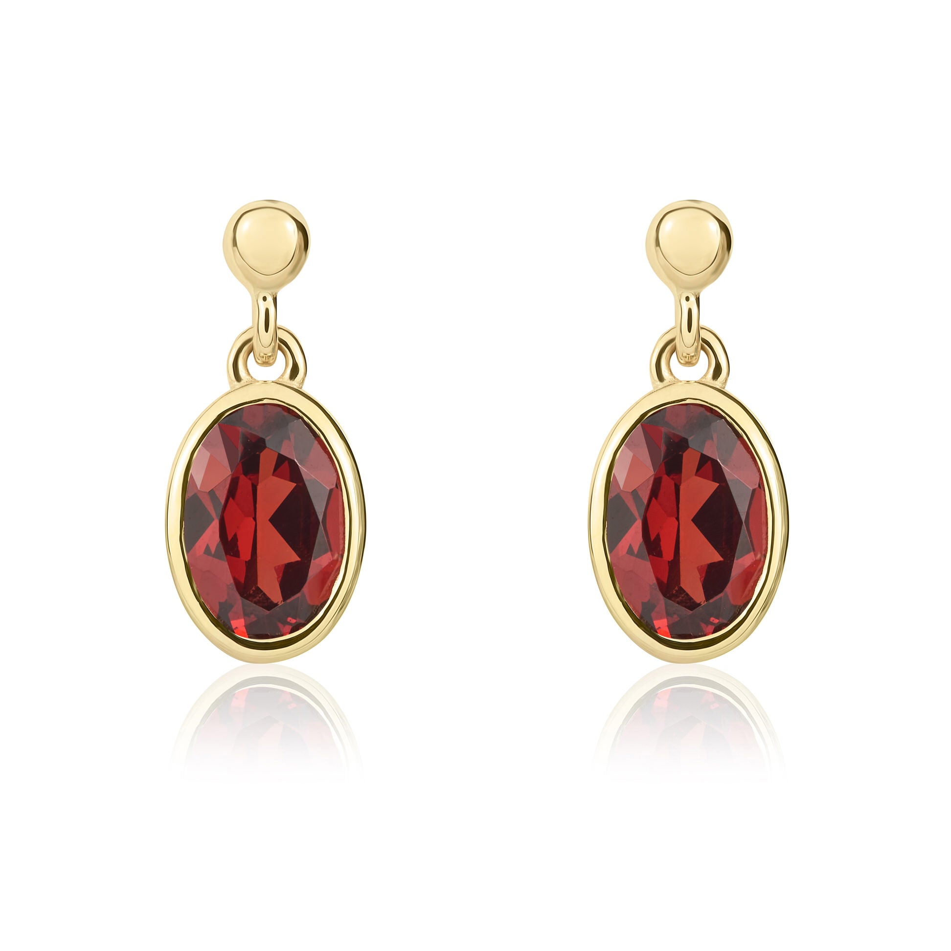 9ct yellow gold 6 x 4 mm oval garnet rubover Drop Earrings With 2.5mm Bead Top