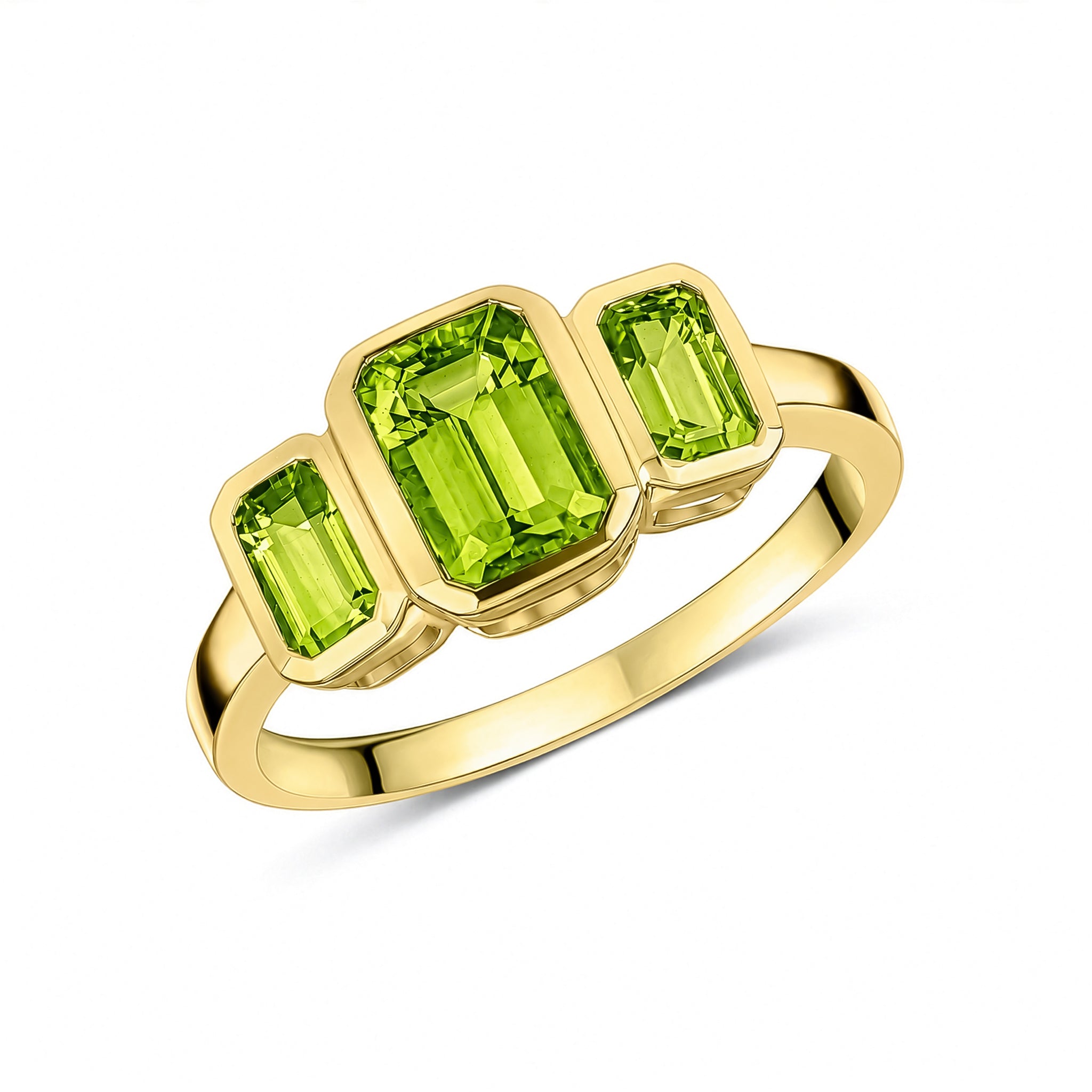 9ct Yellow Gold Octagon Peridot Rubover Set 3 Stone Ring