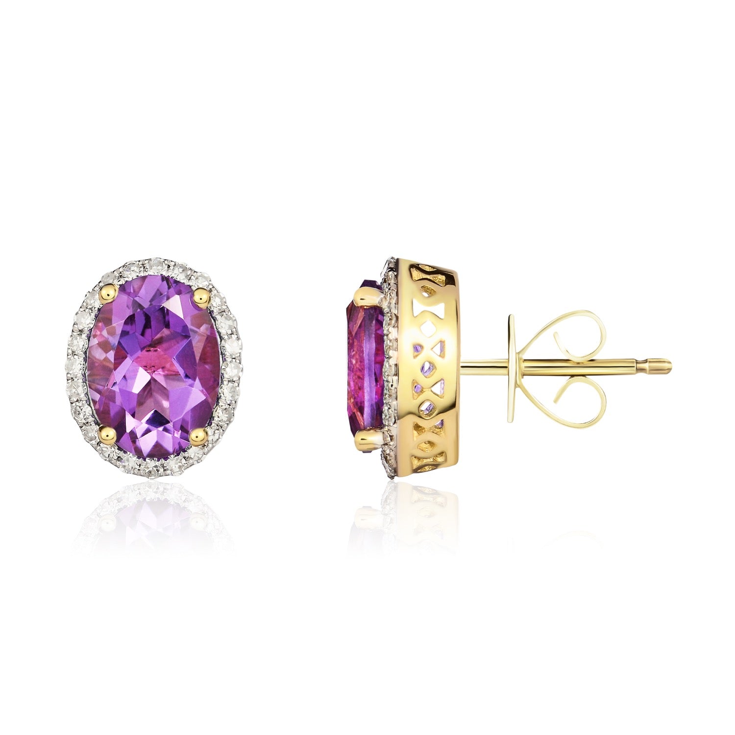 9ct Yellow Gold Oval Amethyst & Diamond Cluster Earrings