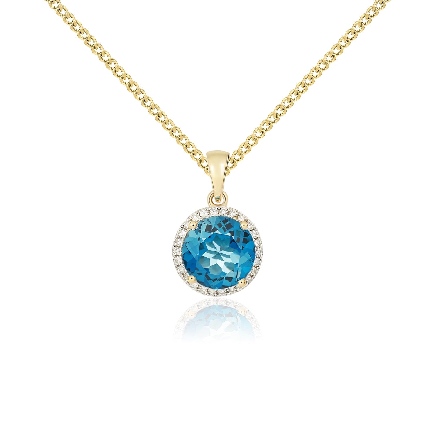 9ct Yellow Gold 8mm Round London Blue Topaz and Diamond Claw Cluster Pendant