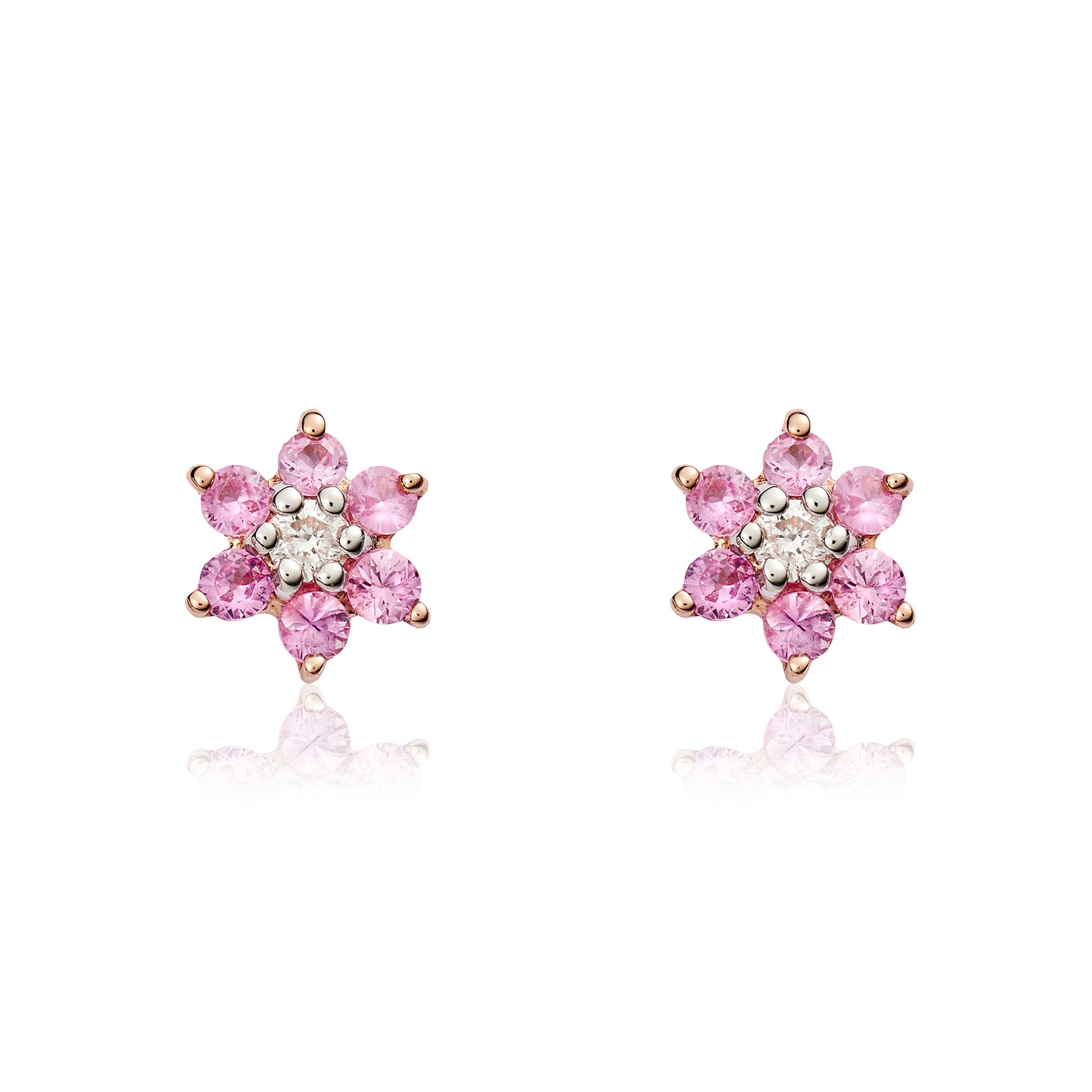 9ct rose gold Round Pink Sapphire And Diamond Claw Set Revearringse Cluster Earrings