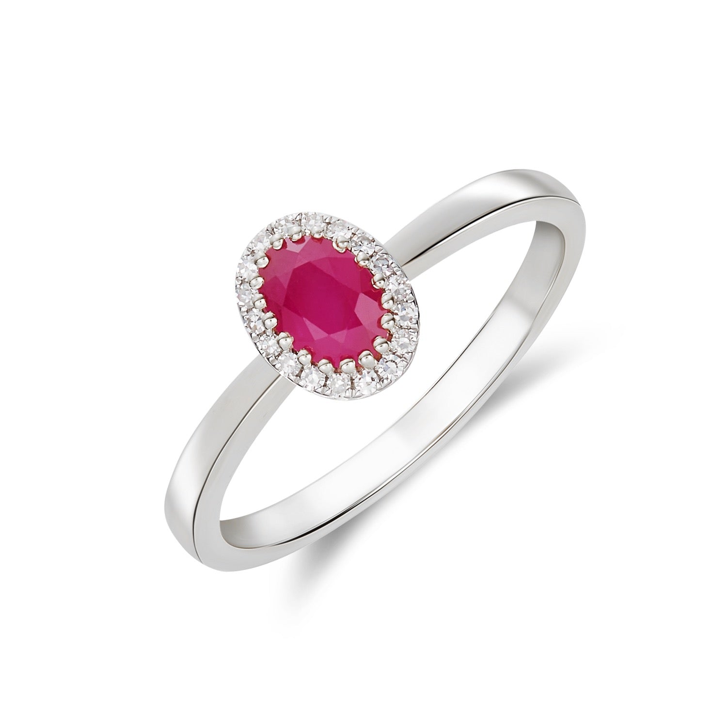 9CT WHITE GOLD OVAL RUBY AND DIAMOND CLAW CLUSTER RING 1