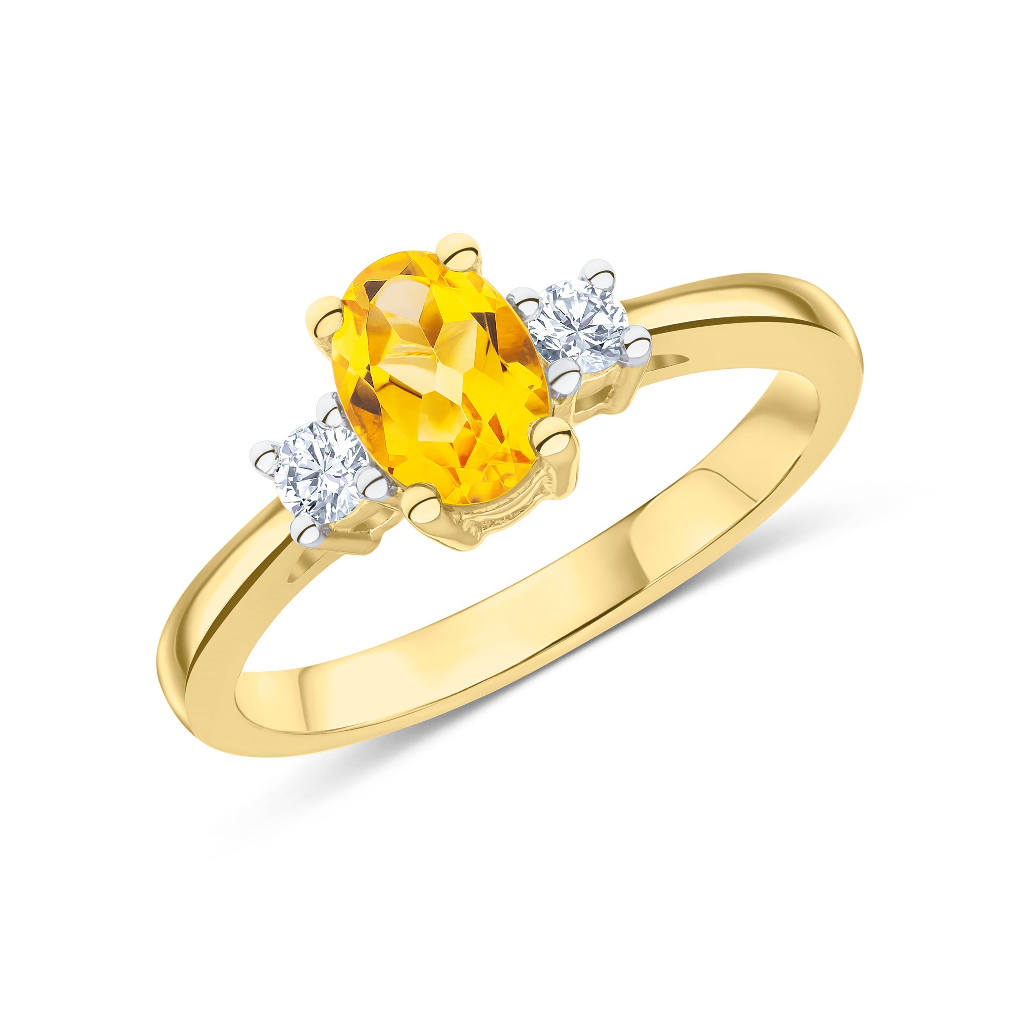 9ct Yellow Gold 7x5 Oval Citrine and Round Diamond Claw Set 3 Stone Ring Rhodium to Diamonds