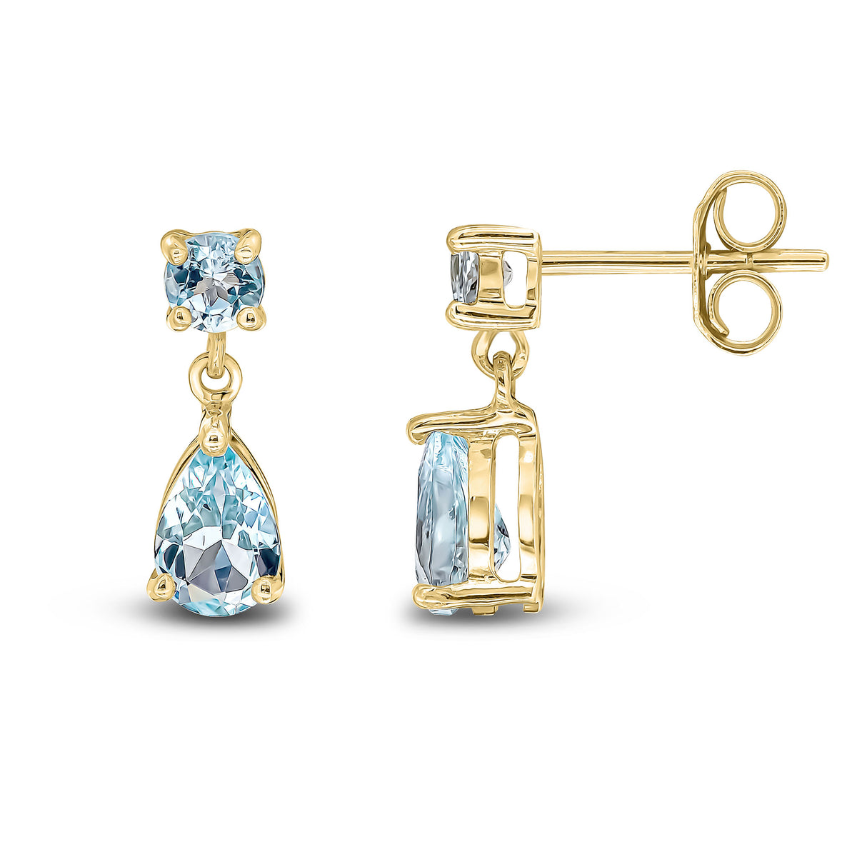 9ct Yellow Gold Round and Pear Shape Aquamarine 2 Stone Claw Set Drop Earrings
