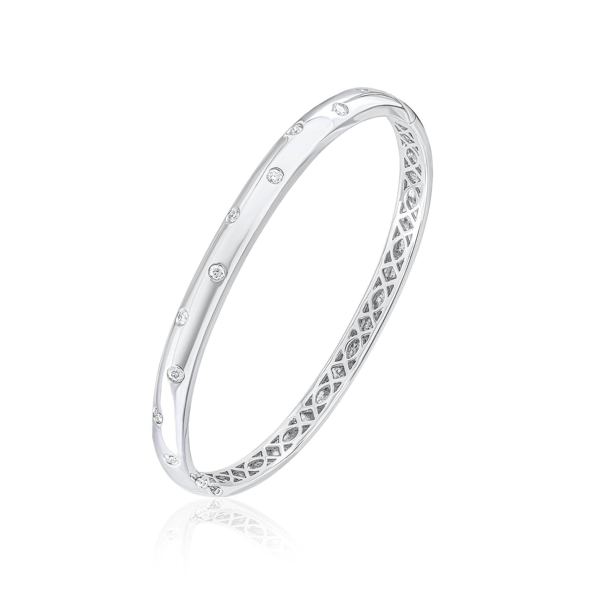 18ct White Gold Round Diamond Scatter Flush Set Polished Domed Hinged Bangle