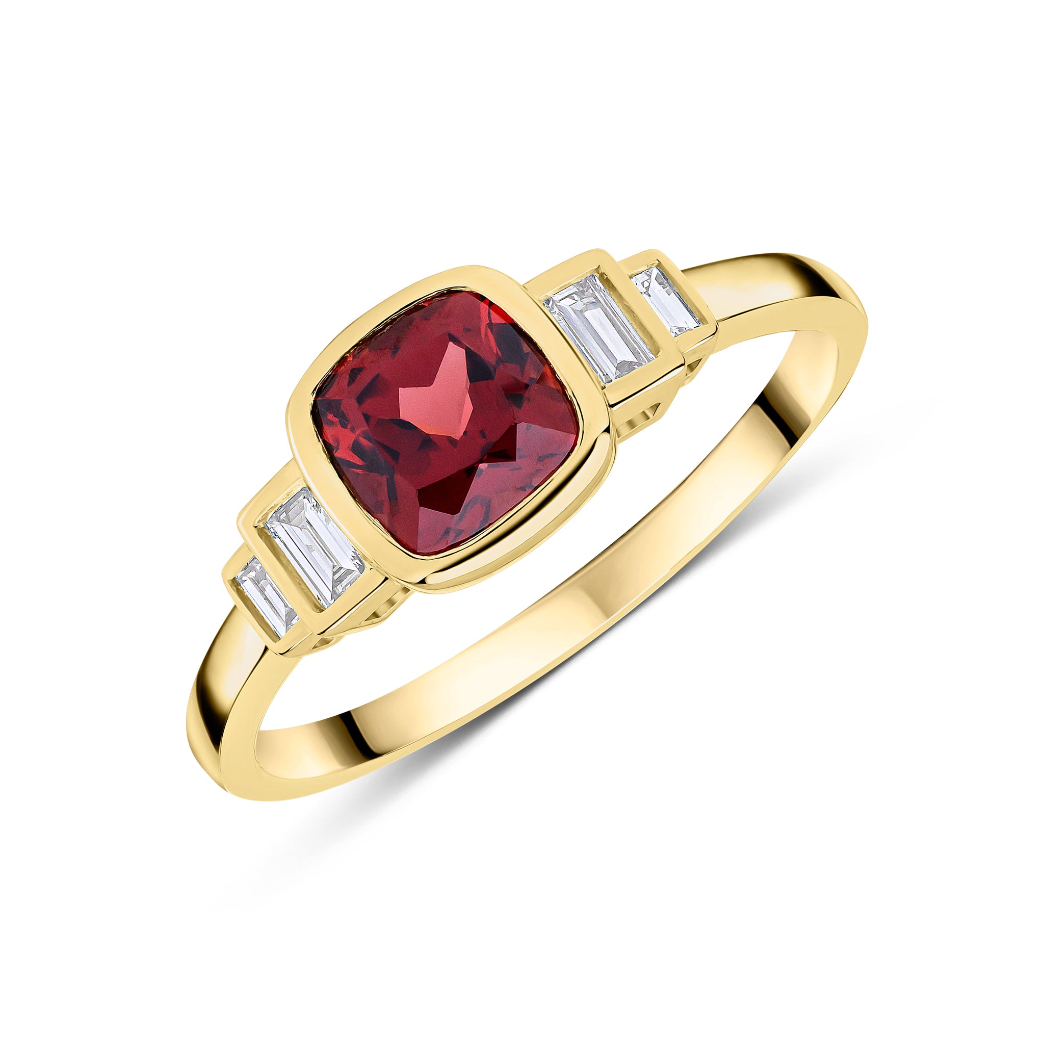 9CT YG 6MM CUSHION GARNET & BAGUETTE DIAMOND 2ST STEPPED SHOULDERS RING 1