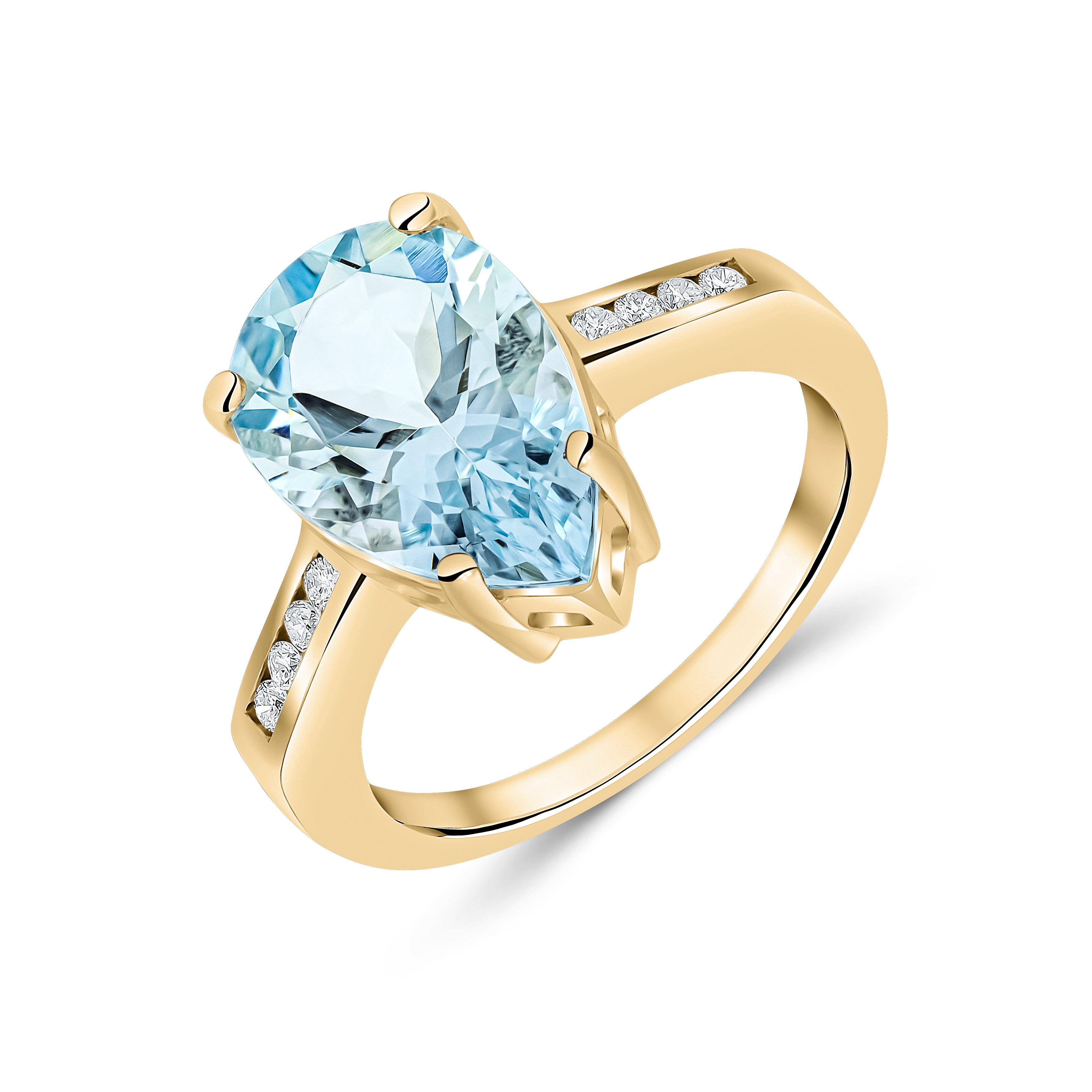 9ct Yellow Gold 14x9 Pear Shape Aquamarine Single Stone Ring with Channel Set Diamond Shoulders
