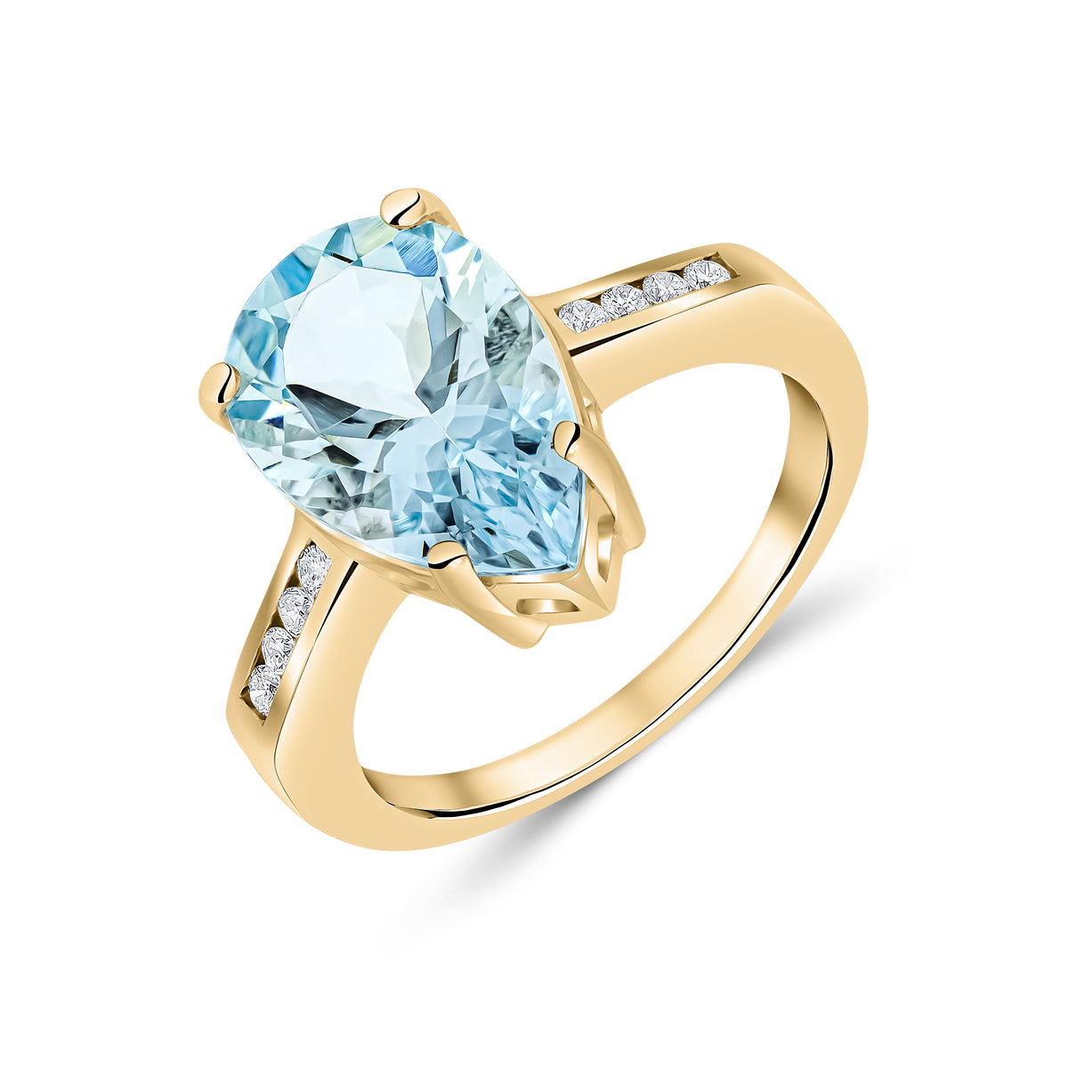 9ct Yellow Gold 14x9 Pear Shape Aquamarine Single Stone Ring with Channel Set Diamond Shoulders