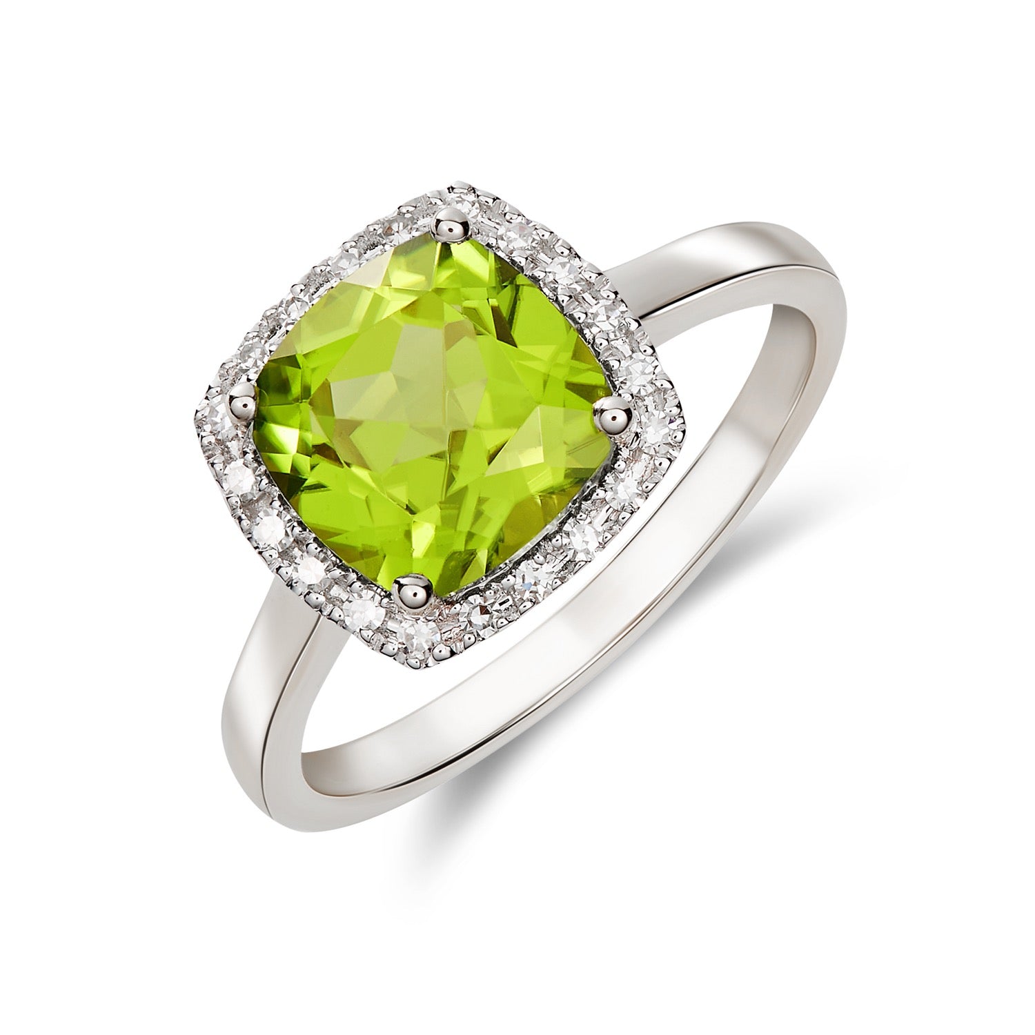9CT WG 8MM CUSHION PERIDOT AND ROUND DIAMOND CLAW CLUSTER RING* CURRENTLY UNAVAILABLE DUE TO STONE SHORTAGE * 1