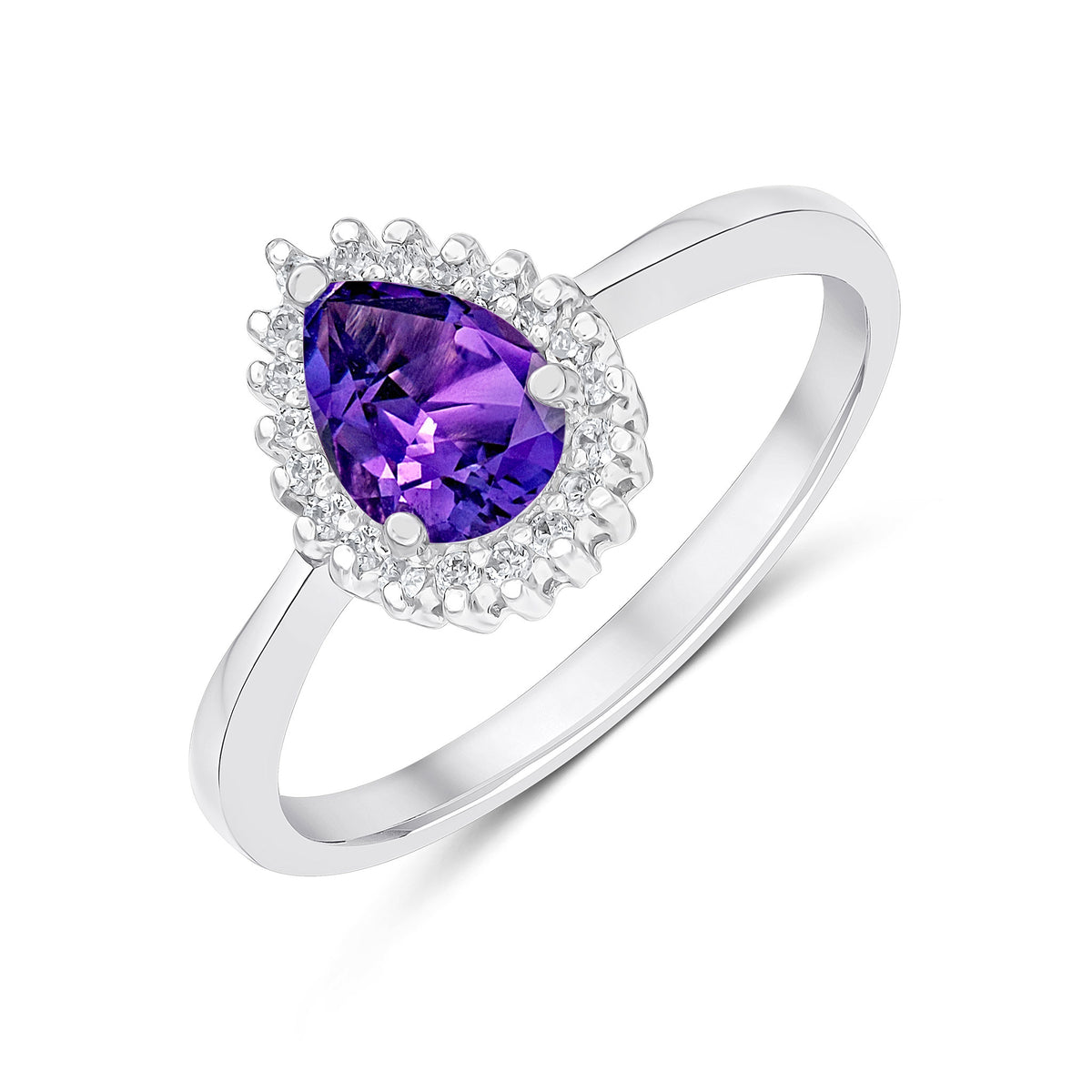 9ct White Gold 7x5mm Pear Shape Amethyst & Diamond Claw Set Cluster Ring