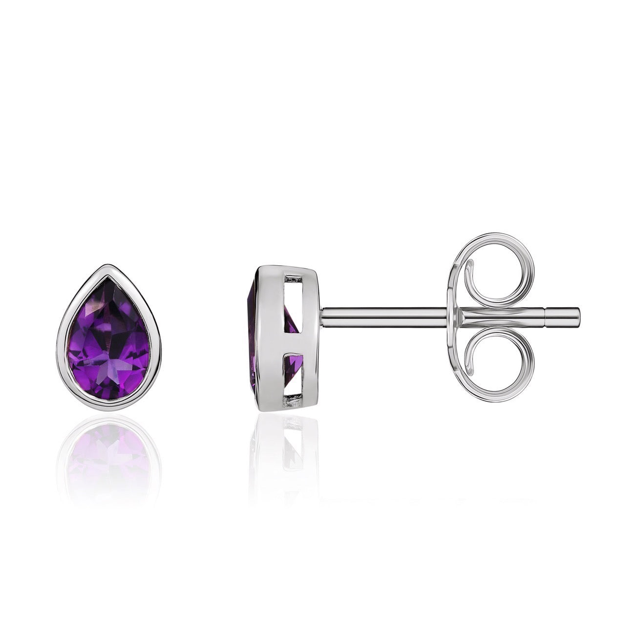 9ct White Gold 6x4 Pear Shape Amethyst Rubover Set Earrings